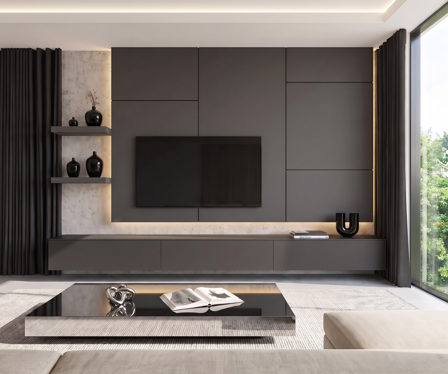 Livitalia C102 Modern TV Wall Unit Livitalia C102 TV wall unit with floating lowboard and TV panel. Modern dark grey living room media console with LED lights.