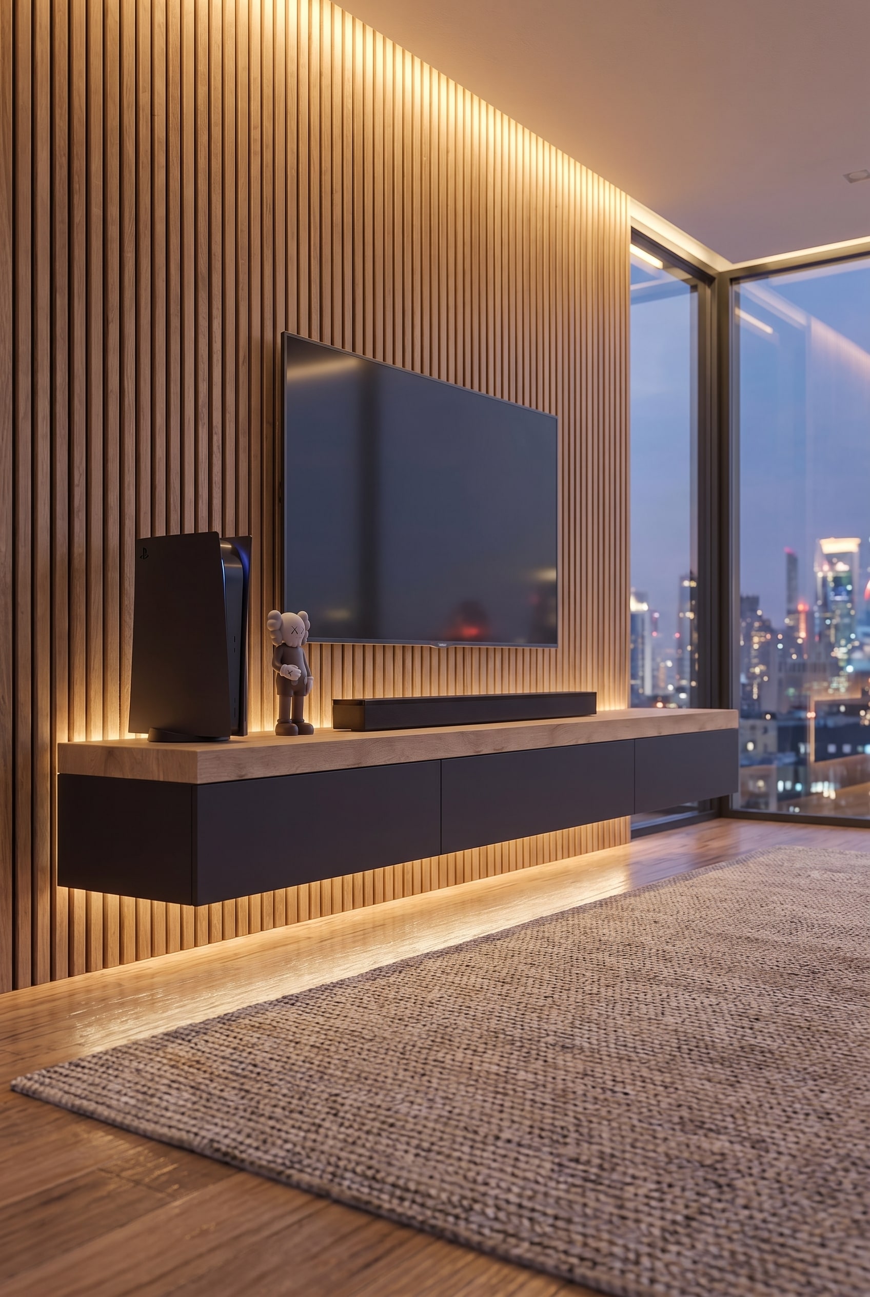 Een breed lowboard met dikke afdekplaat staat voor een indirect verlichte tv-wand van akoestische panelen en zorgt voor visuele aarding