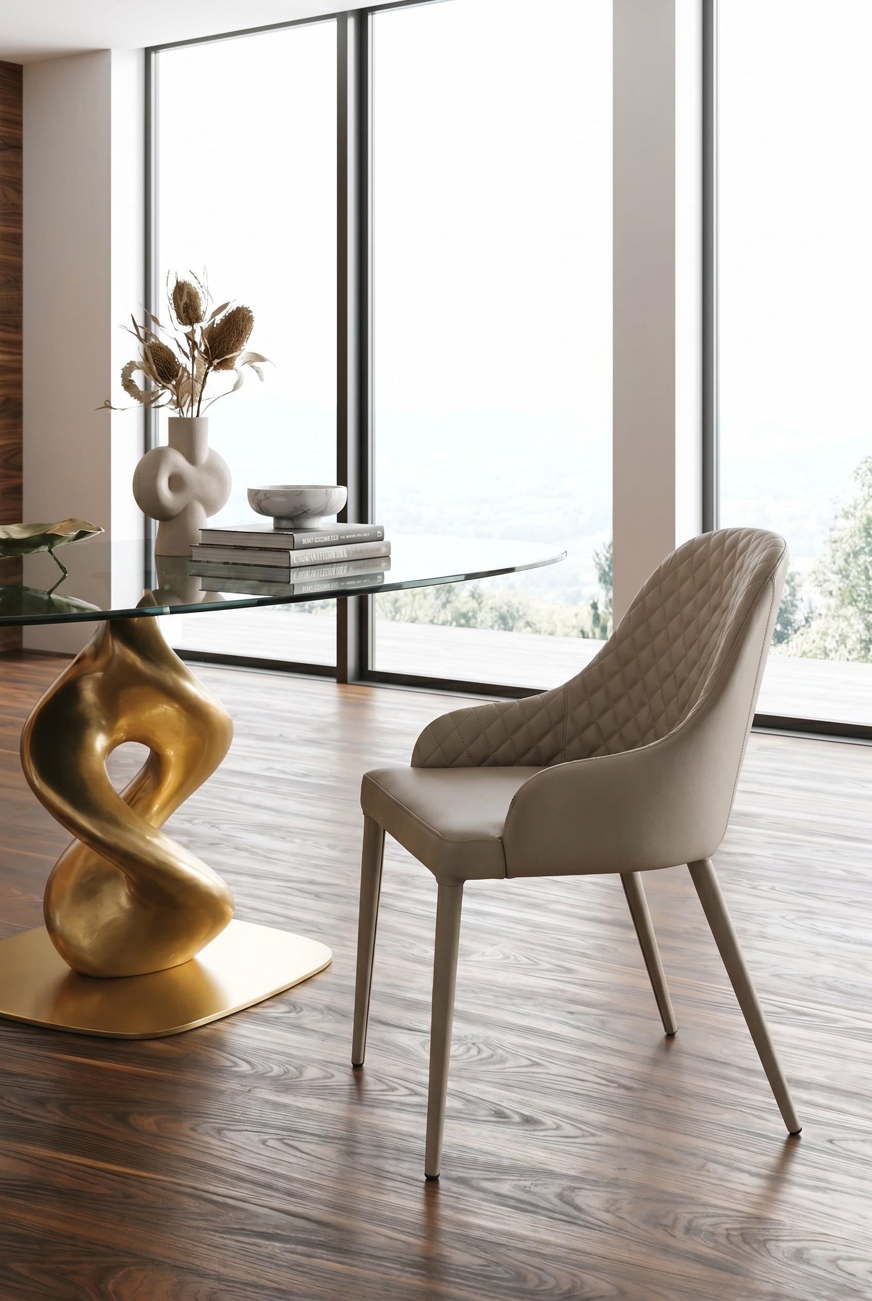Italian dining room with Ozzio Stuhl Betta in beige diamond-patterned leather at a glass table on warm wooden floor