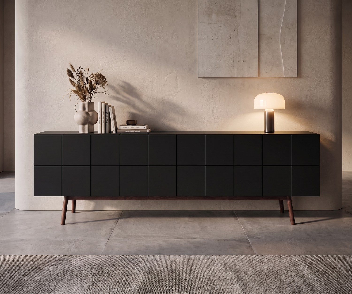 al2 Sideboard MOS-I-KO 003 B for the living room, matte black designer sideboard with wooden legs in minimalist interior.