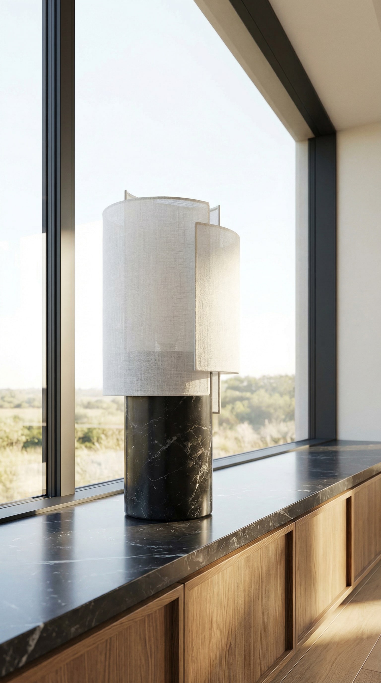 Punt Rio Leuchte mit Marmorfu&szlig; und Leinenschirm auf einer Fensterbank.