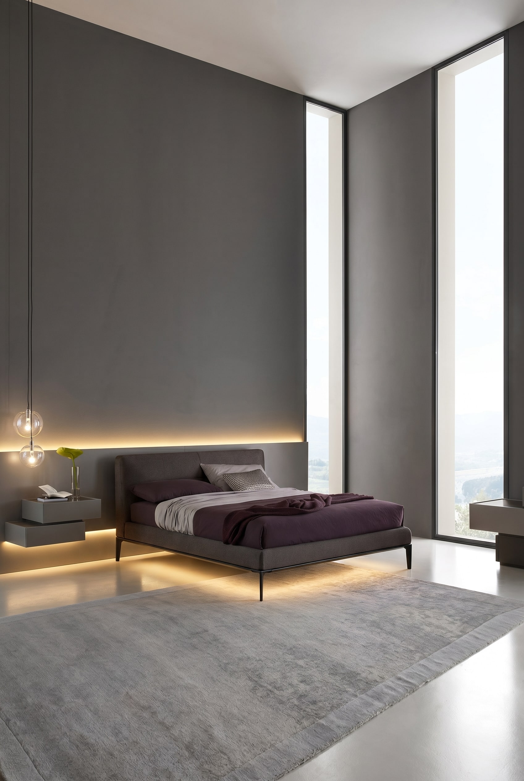 Camera da letto moderna grigio scuro con il letto Dorian e comodini sospesi, sottolineati da una striscia luminosa continua