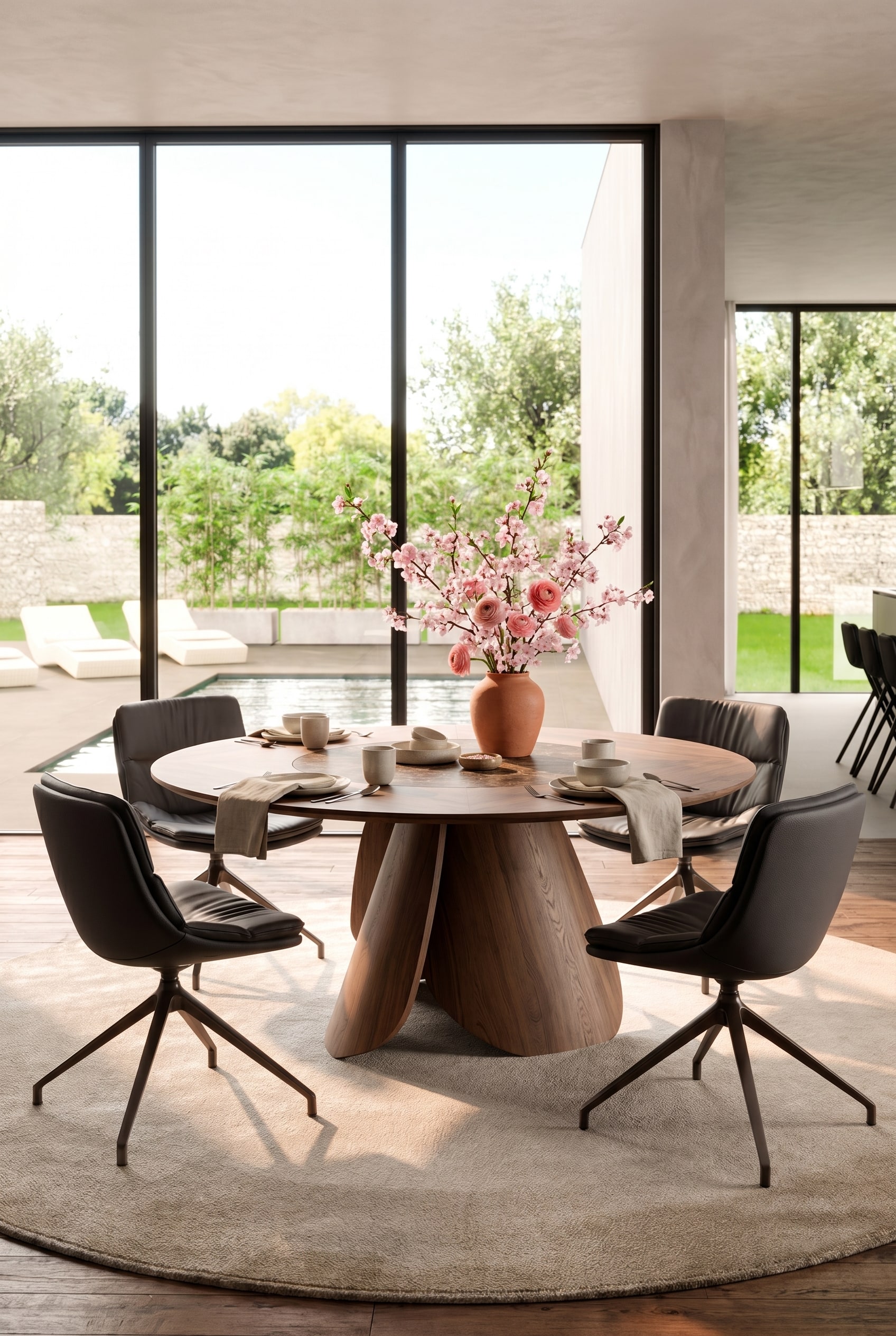 Ronde design eettafel met opvallende, gebogen houten poten, met delicate roze lentebloemen zonder tafelkleed
