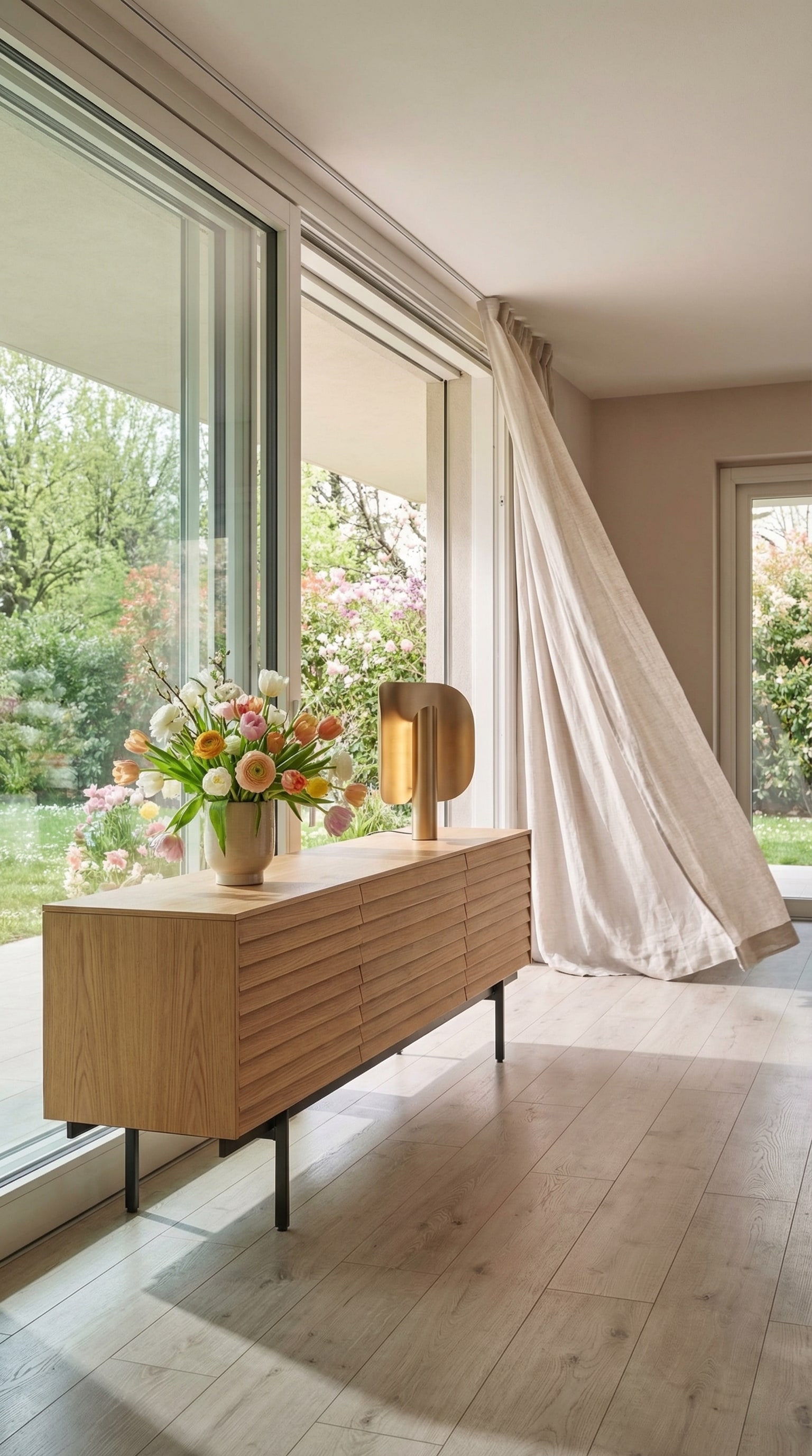 Elegantes Wohnzimmer mit einem Sideboard mit Holzlamellen, das im hellen Sonnenlicht erstrahlt. Elegantes Wohnzimmer mit einem Sideboard mit Holzlamellen, das im hellen Sonnenlicht erstrahlt.