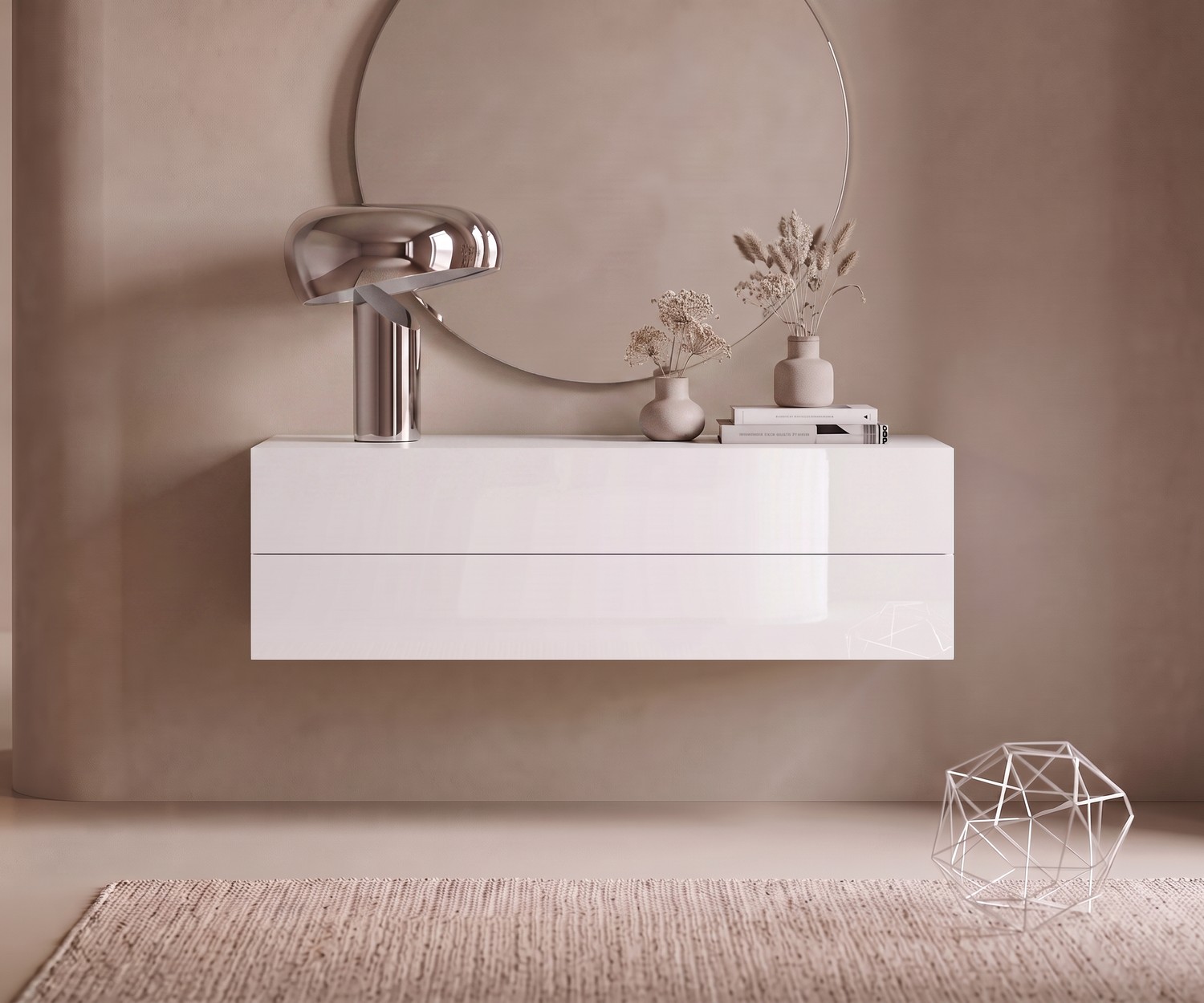 Novamobili Hängekommode Easy in Weiß Hängekommode Easy von Novamobili, schwebende weiße Flurkommode im minimalistischen Design mit rundem Spiegel.