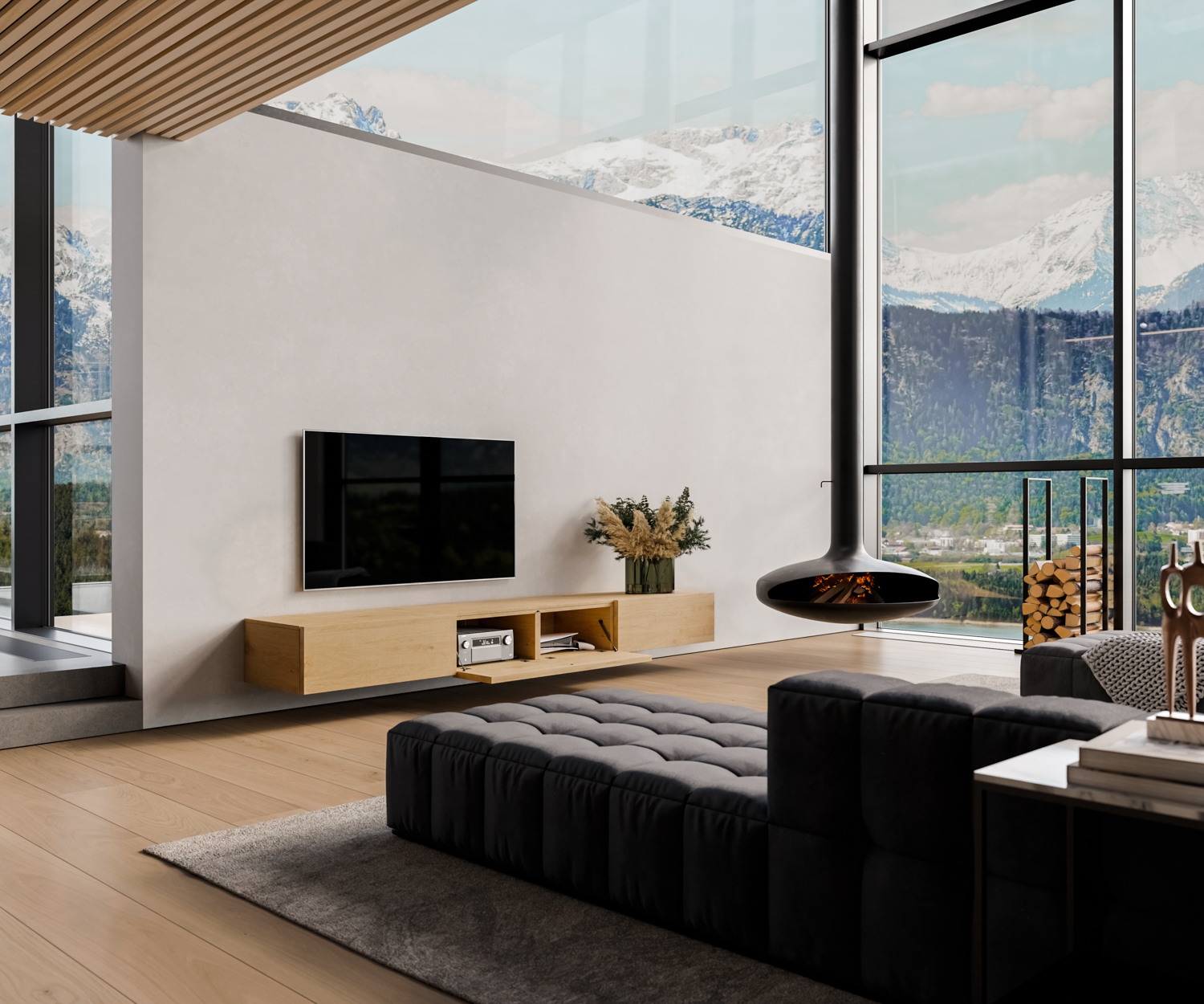 TV Lowboard Holz an Wand mit offener Klapptuer ohne griffe TV Lowboard Holz an Wand mit offener Klapptuer ohne griffe