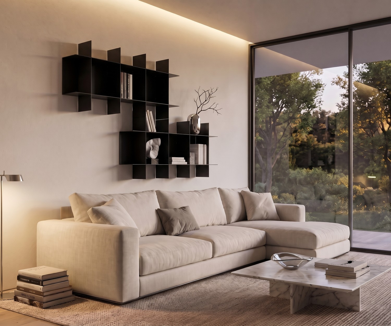MEME Design Innesto Modular Metal Wall Bookshelf MEME Design Innesto modular metal wall bookshelf unit in a modern living room setting above a low sideboard.