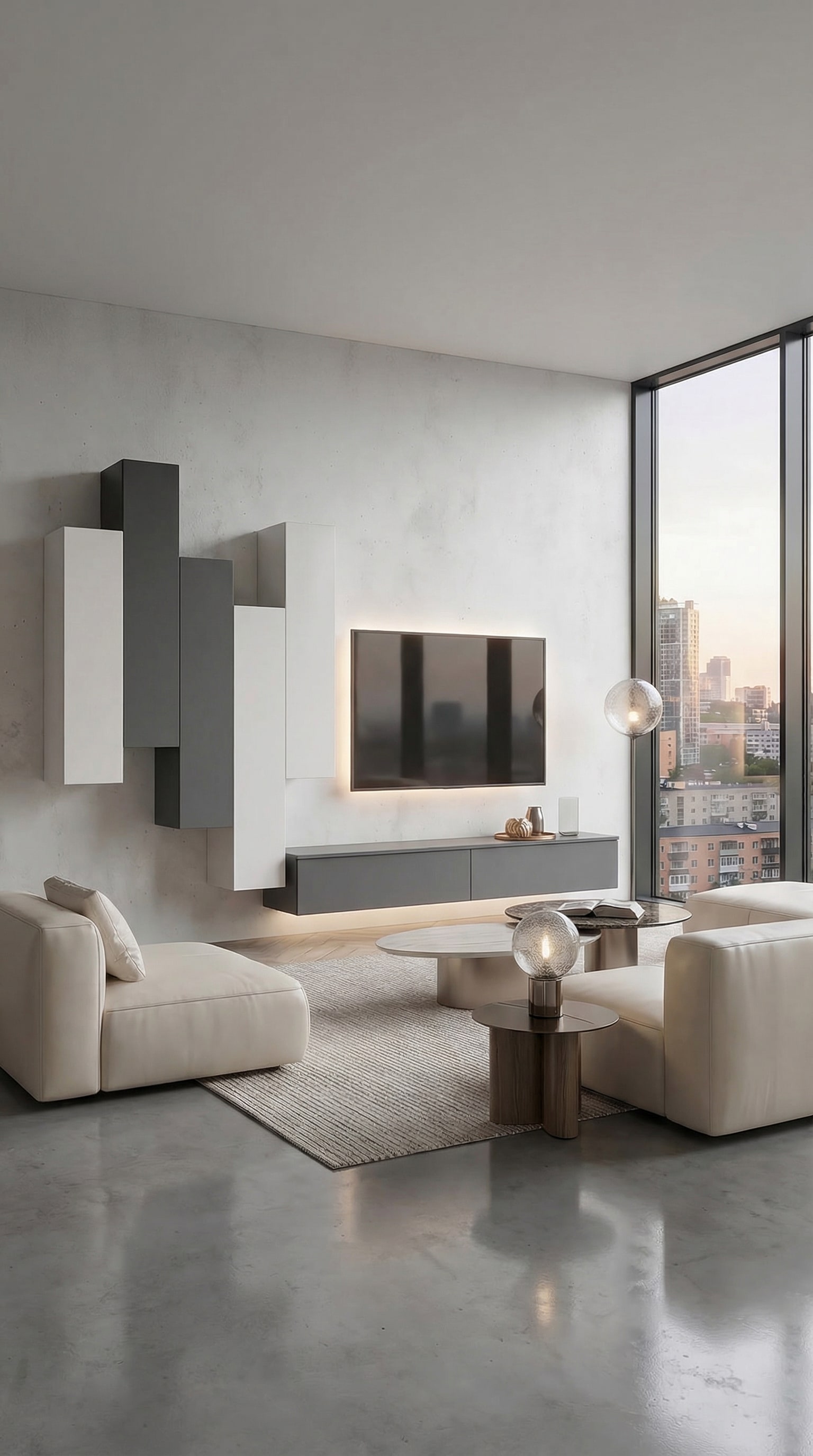 Meuble mural Livitalia C105 agencé de manière asymétrique avec une géométrie dynamique sur un mur moderne Meuble mural Livitalia C105 agencé de manière asymétrique avec une géométrie dynamique sur un mur moderne