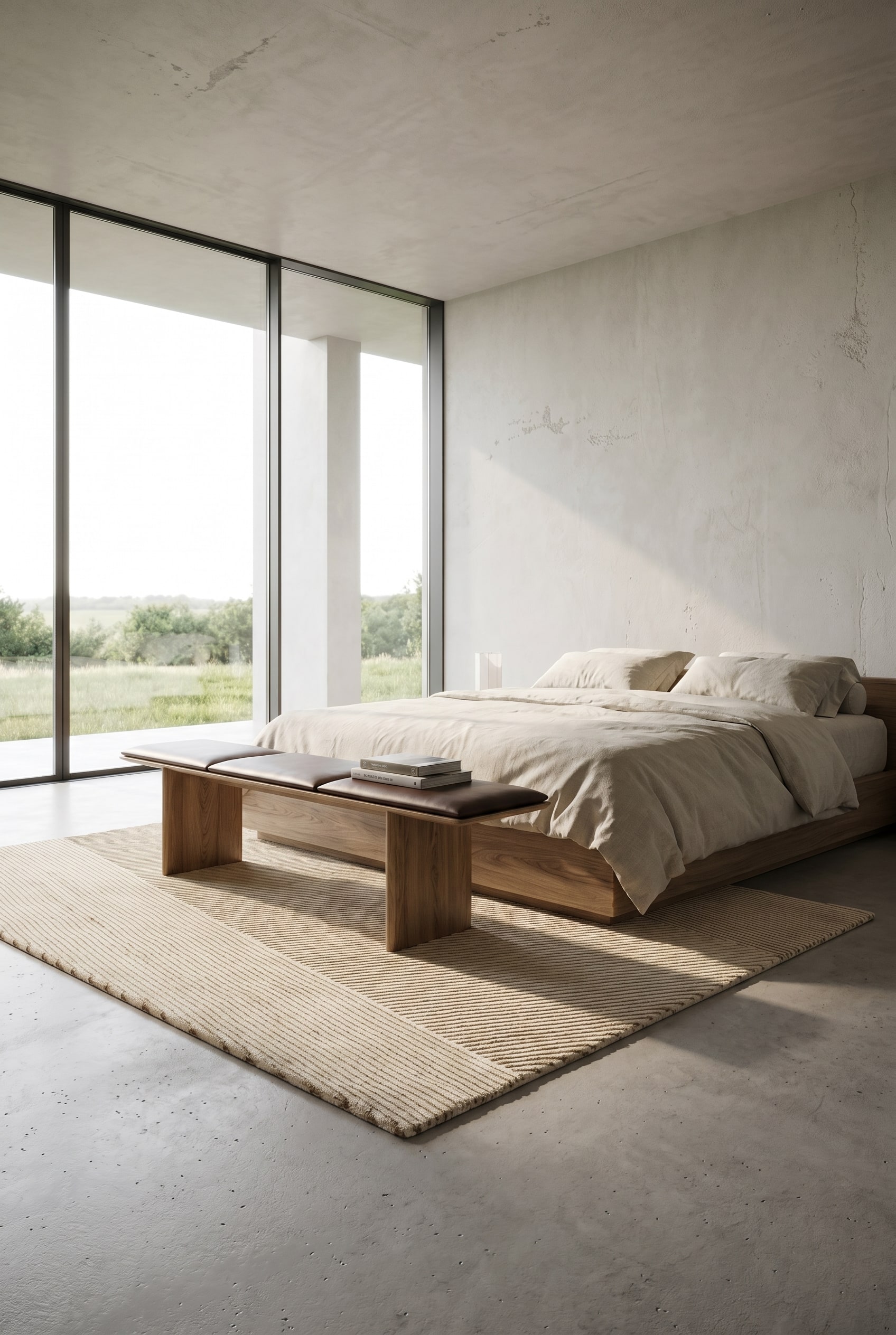 Architectonische houten-leren zitbank voor een groot bed in een luxueuze, moderne slaapkamer Architectonische houten-leren zitbank voor een groot bed in een luxueuze, moderne slaapkamer