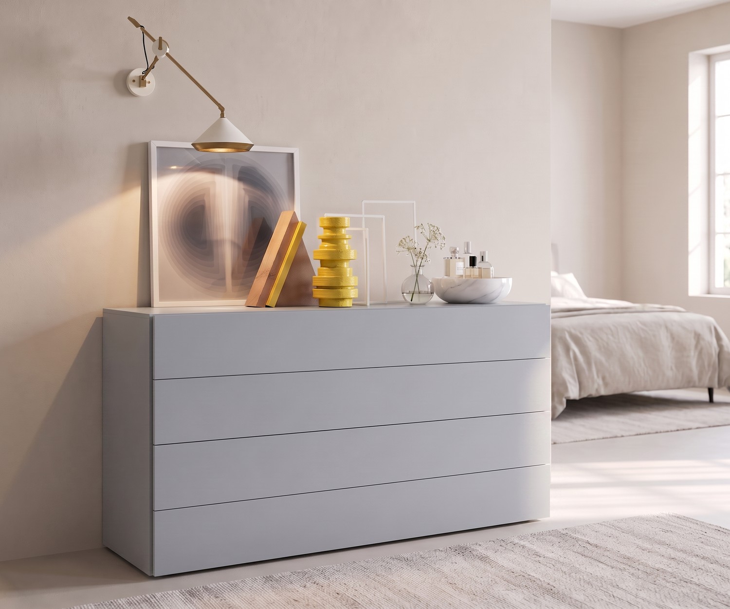 Novamobili Easy 4-drawer chest of drawers in a minimalist bedroom, handleless grey dresser for modern storage.