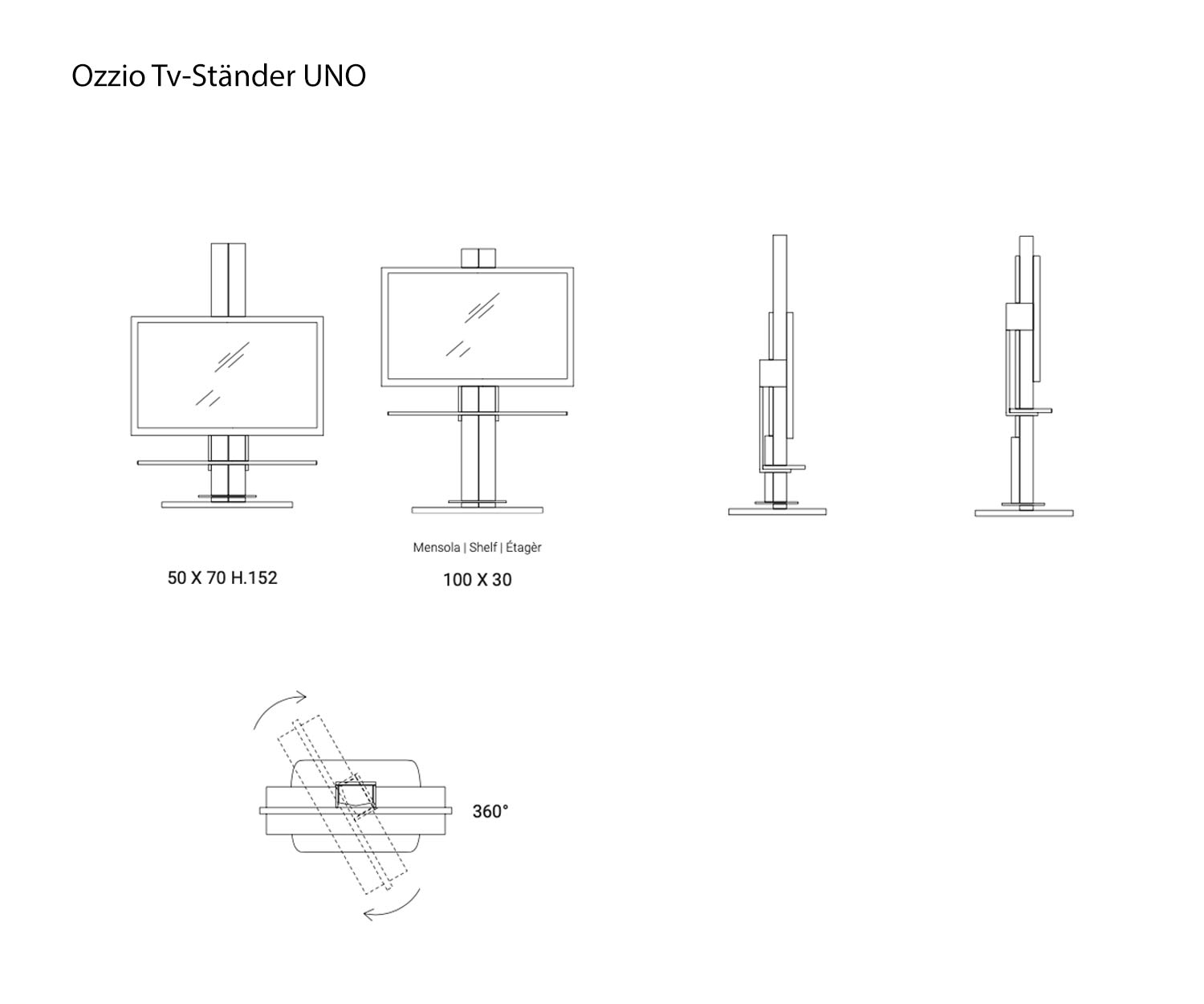 Skizze von Ozzio Designer TV Stand UNO Größen Maße Größenangaben