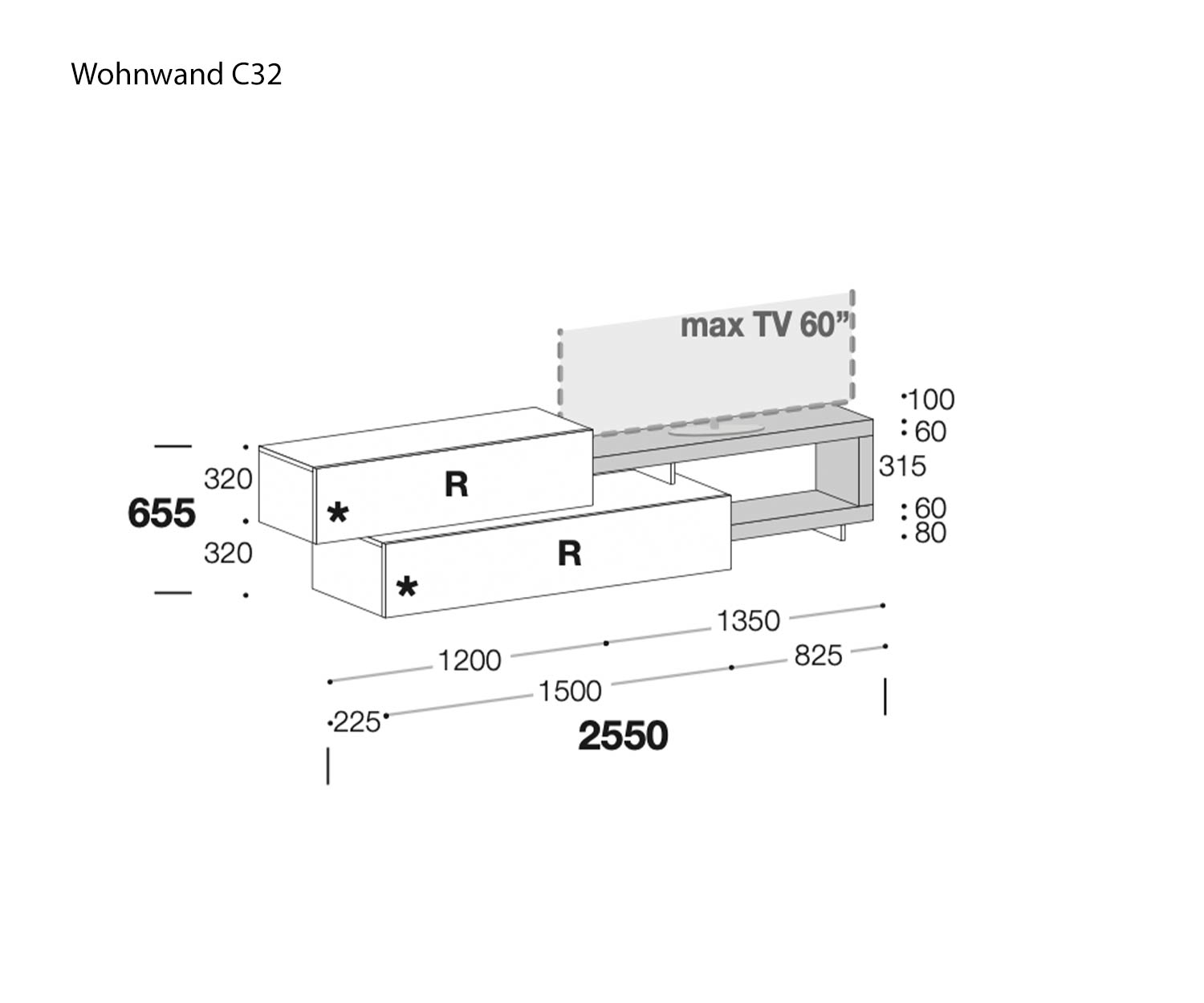 Livitalia TV wall unit C32 Sketch Dimensions Sizes Size specifications Livitalia TV wall unit C32 Sketch Dimensions Sizes Size specifications