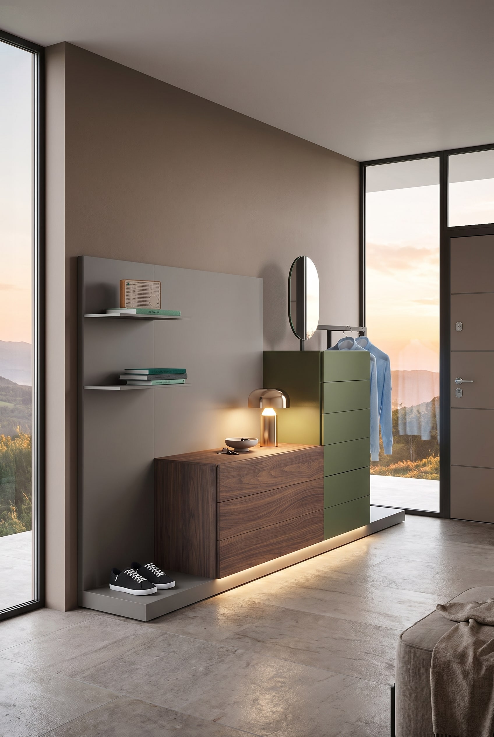 An elegantly furnished hallway with a floating chest of drawers, a wooden wardrobe wall panel, and walls in the trend color Macchiato