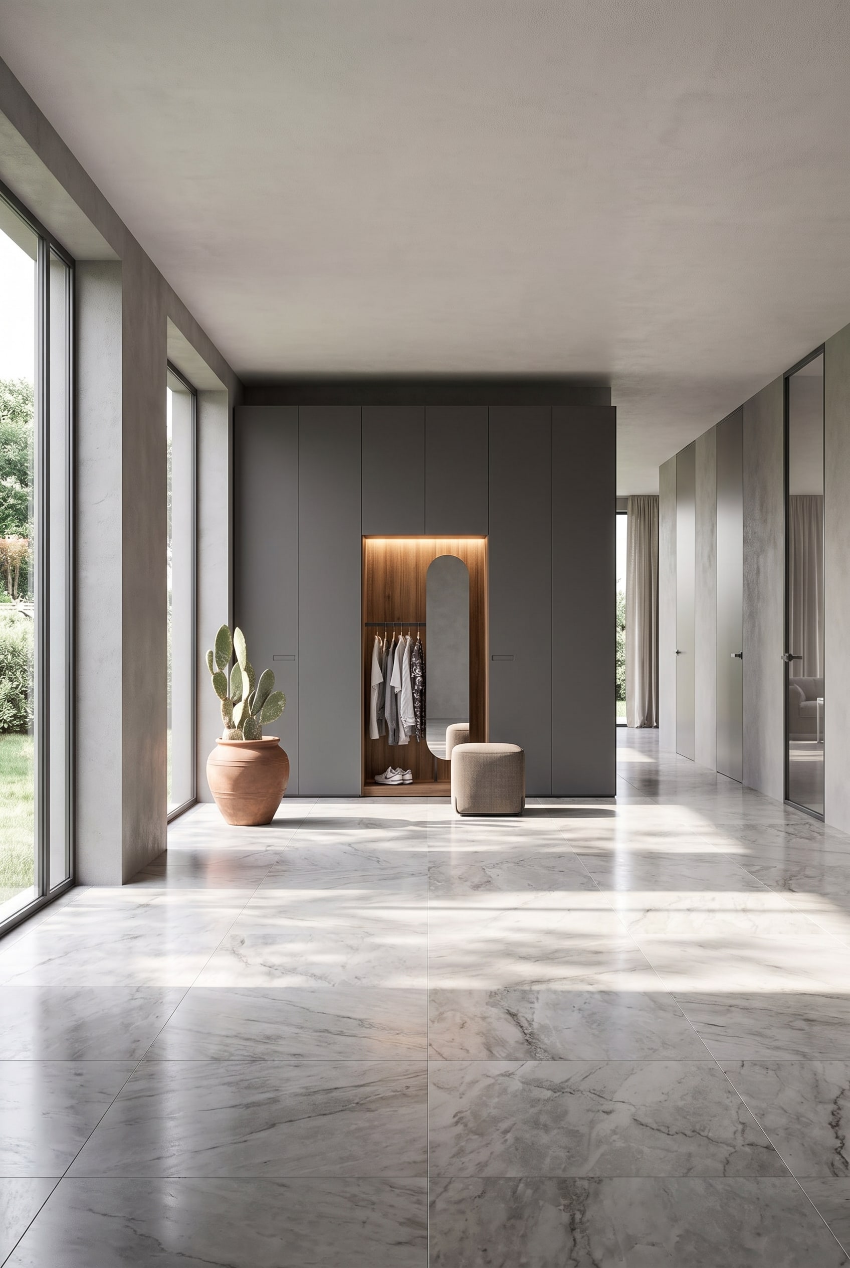Armadio da ingresso a tutta altezza in antracite con una nicchia guardaroba aperta rivestita in legno, specchio e uno sgabello imbottito integrato