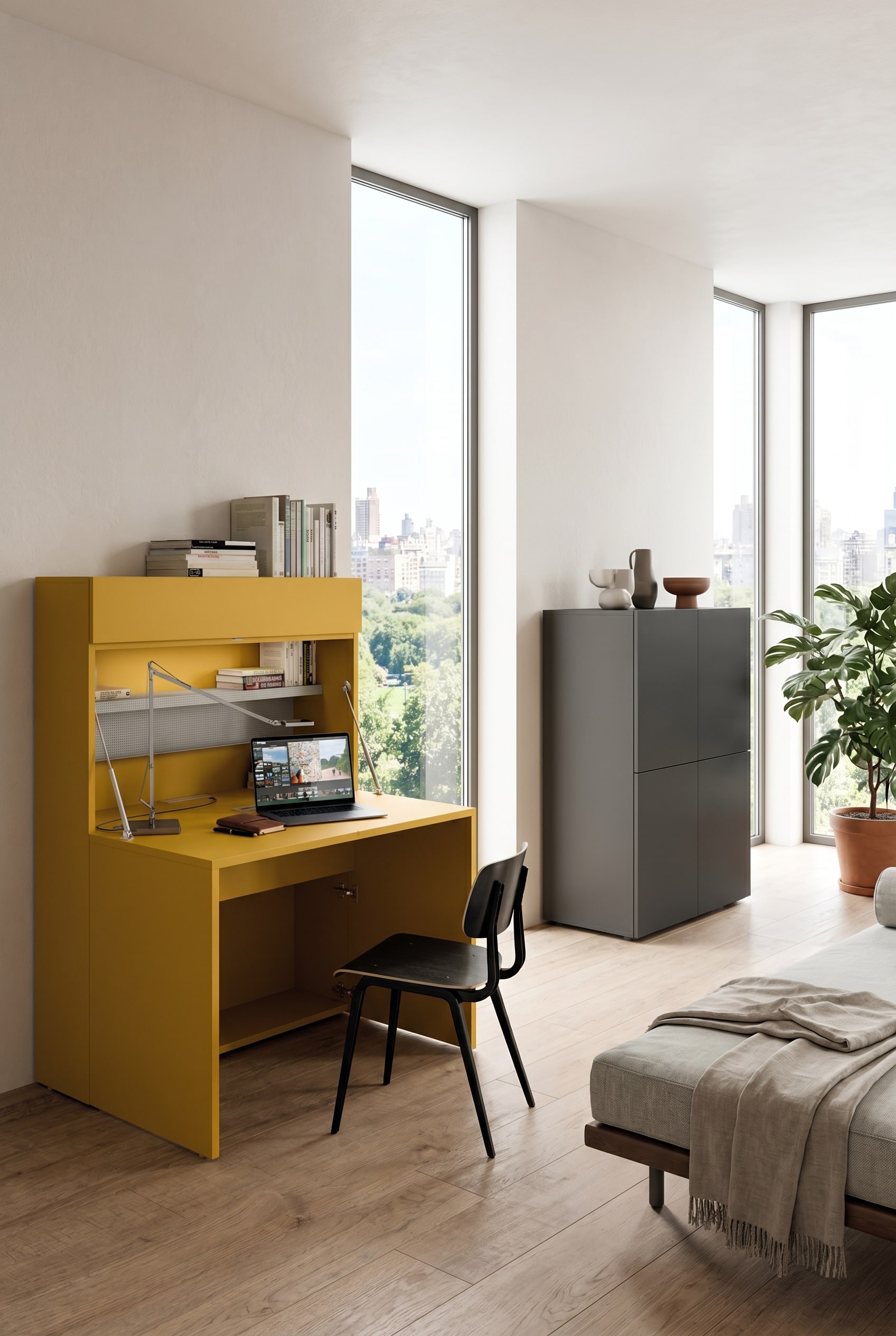 A modern grey highboard that conceals a desk and storage space inside.