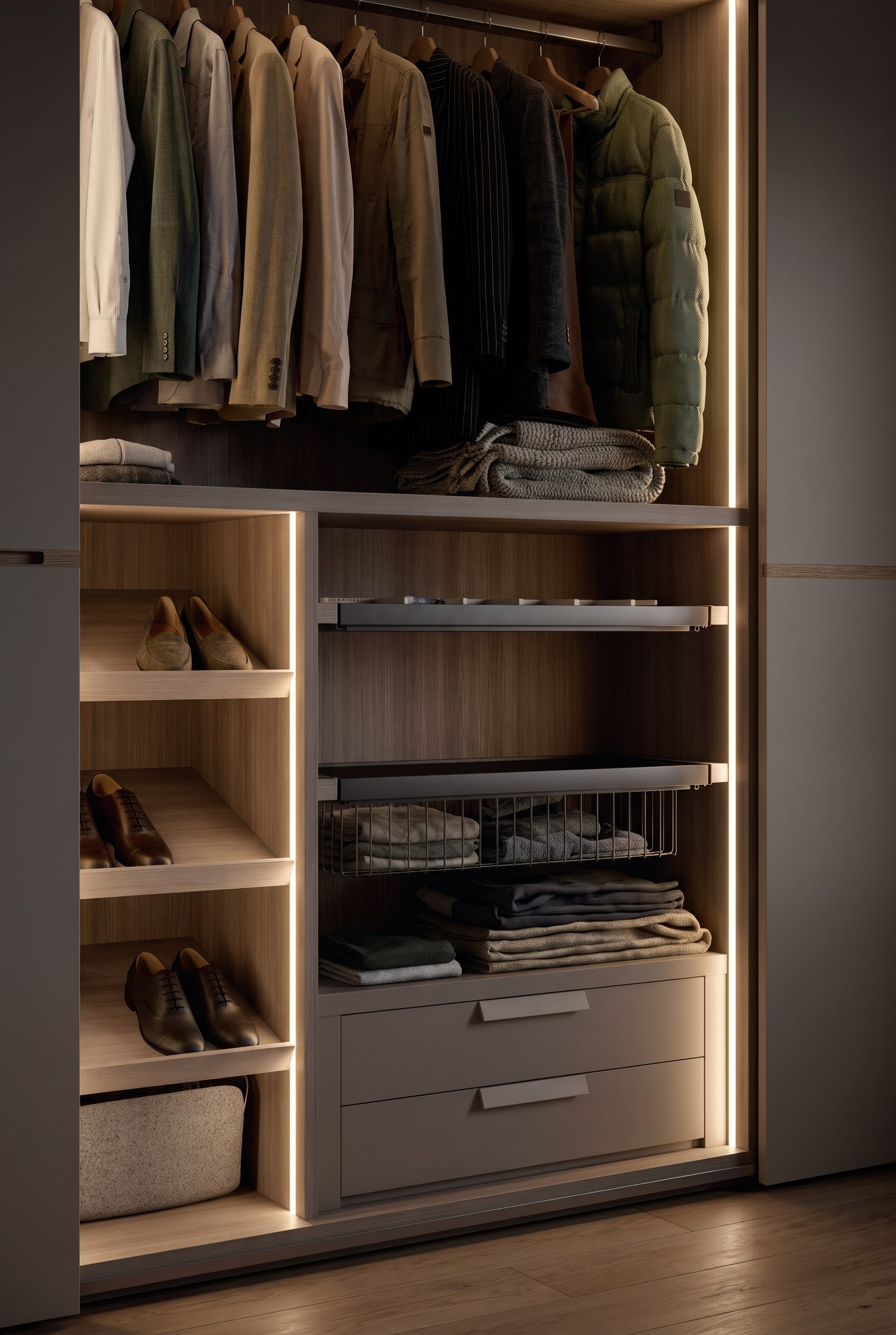 Interno armadio moderno con divisorio verticale in legno scuro e striscia luminosa LED continua nella luce autunnale
