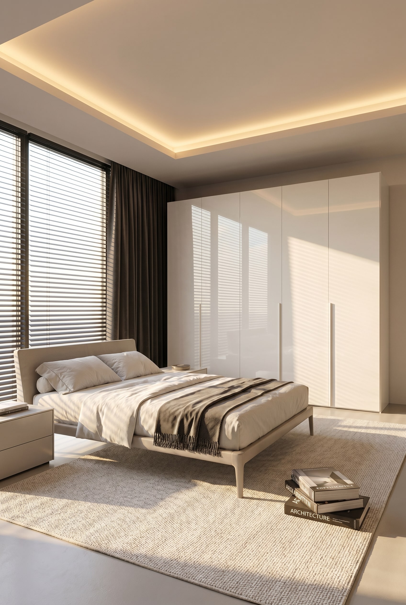 Light-filled bedroom with a bright wardrobe with transparent glass hinged doors, morning sun, and an elegant wool rug