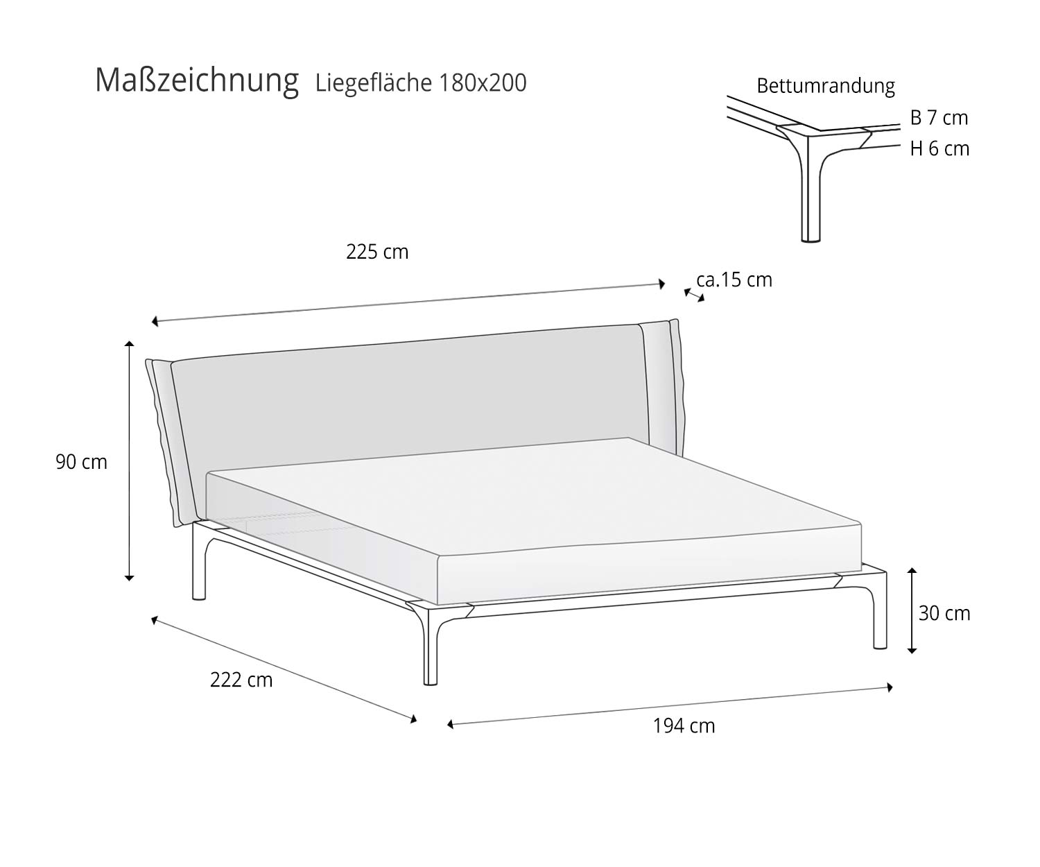 Lying surface 180x200 Design bed Park from Novamobili Sketch Sizes Dimensions Lying surface 180x200 Design bed Park from Novamobili Sketch Sizes Dimensions