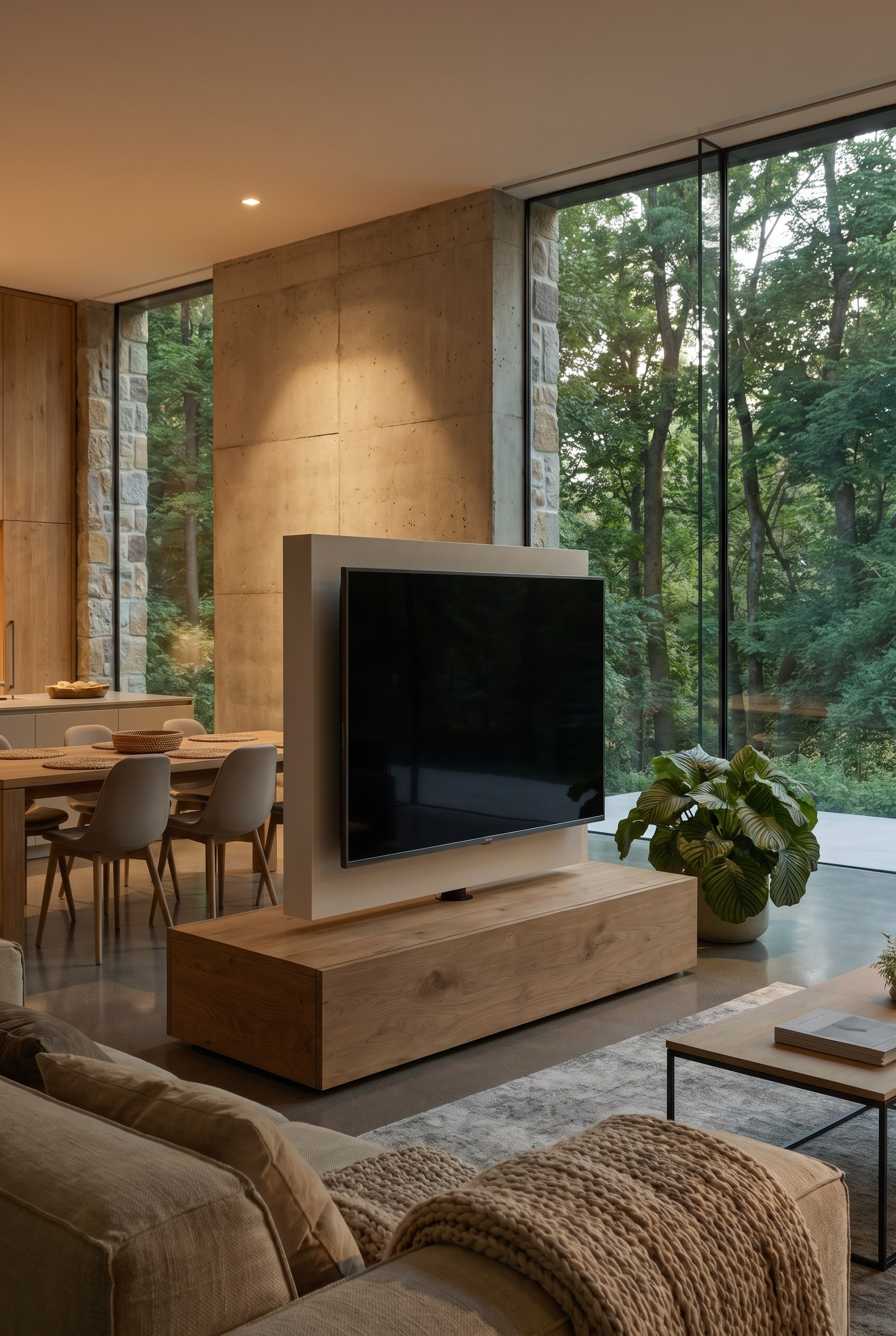 Un mobile TV basso Livitalia Roto chiaro in legno di frassino come elegante divisorio con un pannello TV girevole e autoportante in un soggiorno moderno e purista.