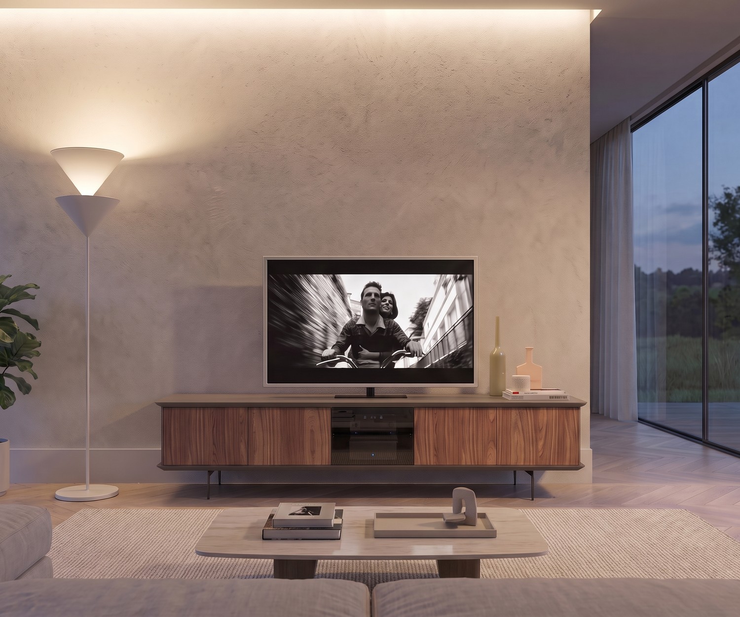 Ozzio Brera TV Media Lowboard Cabinet in Walnut Ozzio Brera TV media lowboard in modern living room. Stylish walnut TV cabinet with smoked glass door and storage space.