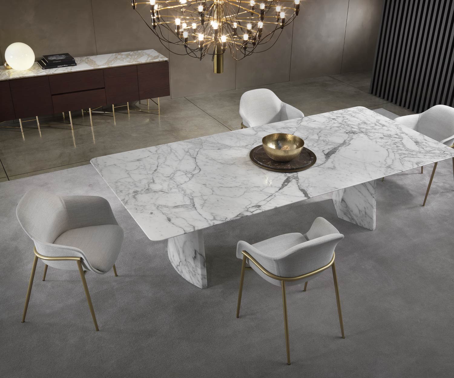 Edler Design Esstisch Marmor Panorama Ansicht im Esszimmer weiß Arabescato Edler Design Esstisch Marmor Panorama Ansicht im Esszimmer weiß Arabescato