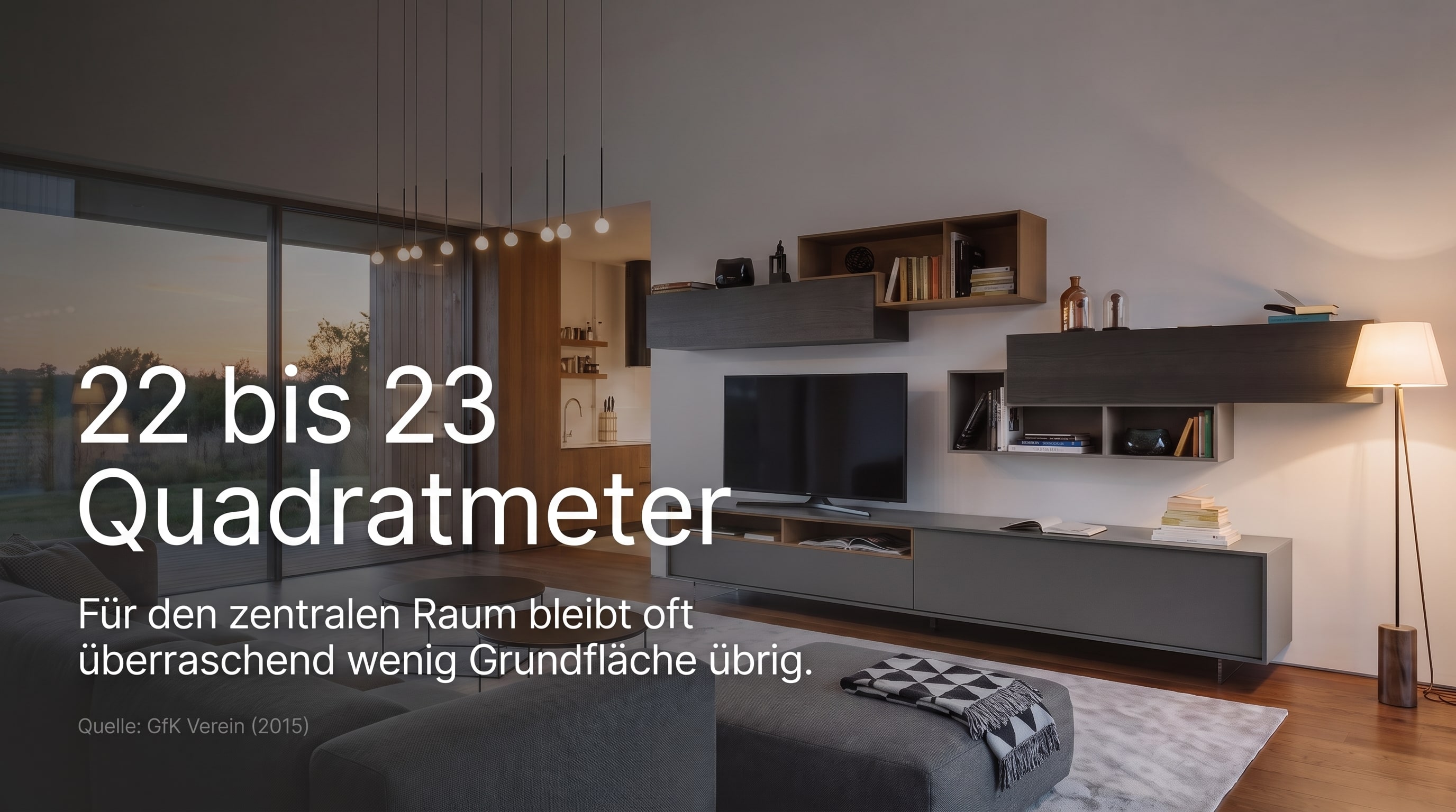 22 bis 23 Quadratmeter – Voor de centrale ruimte blijft vaak verrassend weinig vloeroppervlak over.