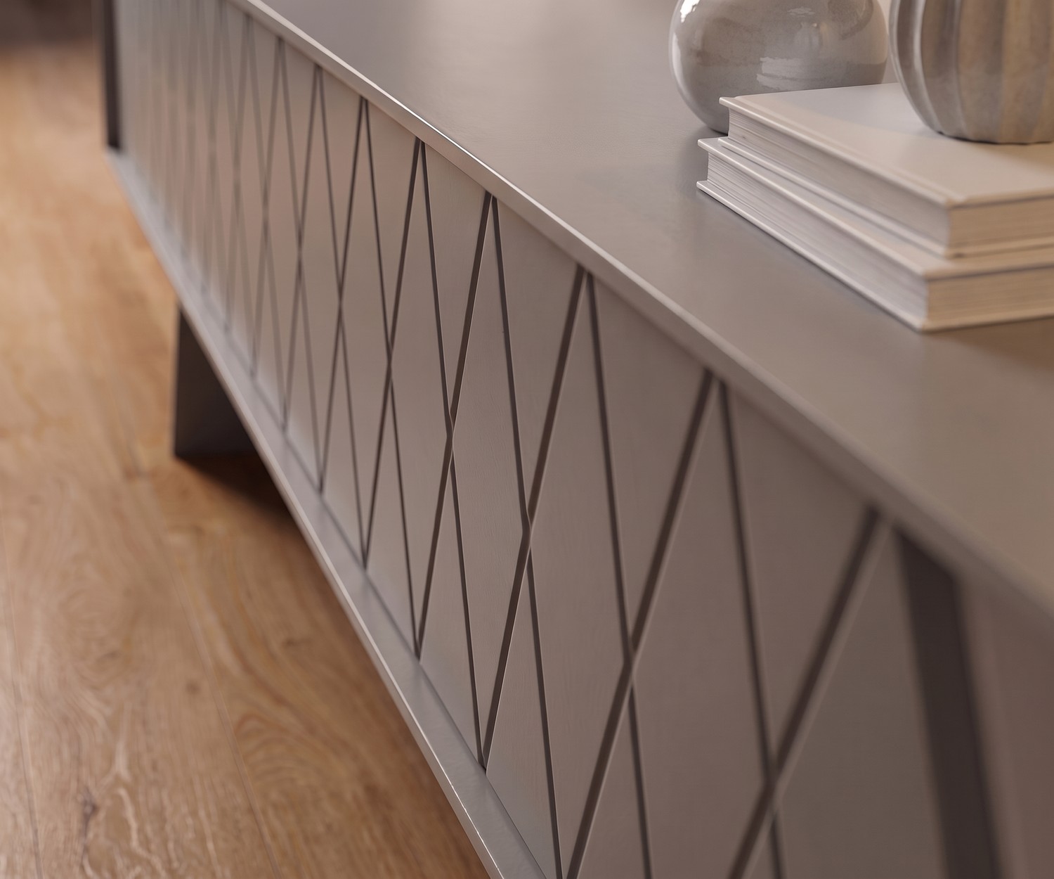 al2 e-klipse 008 TV-Lowboard mit Rautenmuster im Wohnzimmer, modernes Design in Grau.