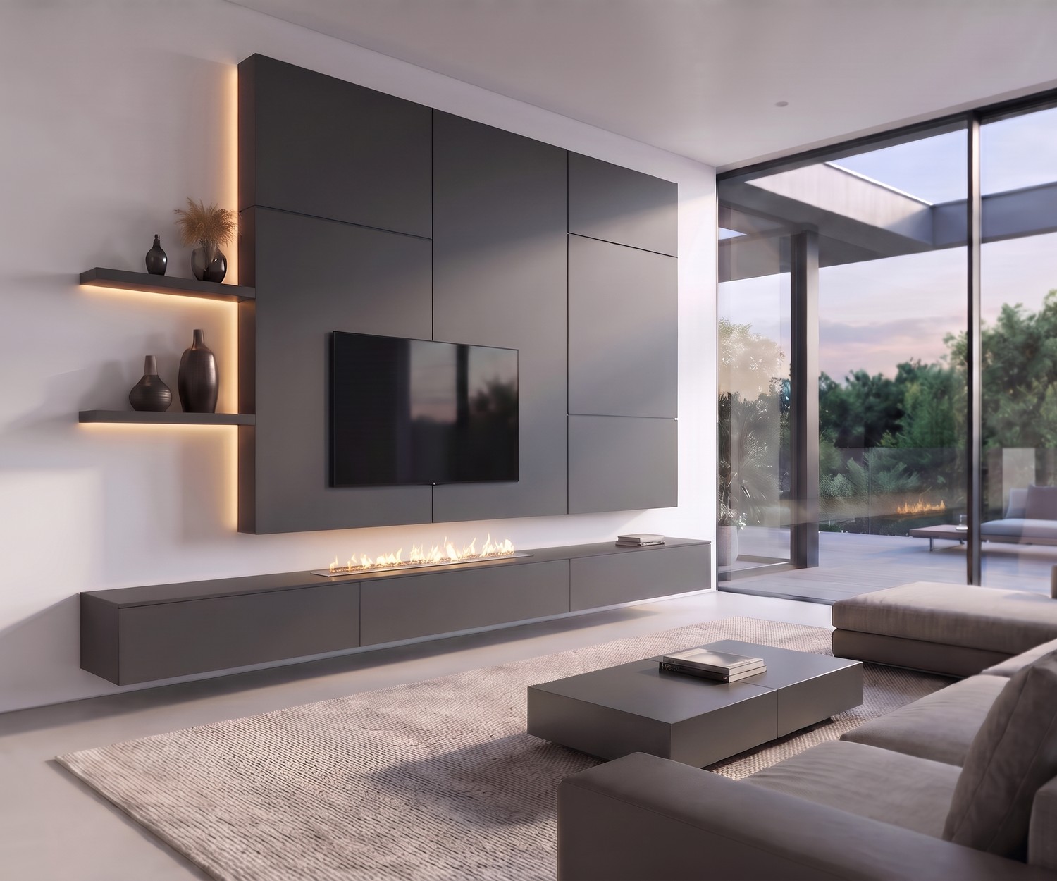 Modern Charcoal Media Wall Unit C102 with Fireplace Livitalia C102 TV media wall unit with fireplace: Charcoal grey floating sideboard, TV panel & LED shelves in modern lounge.