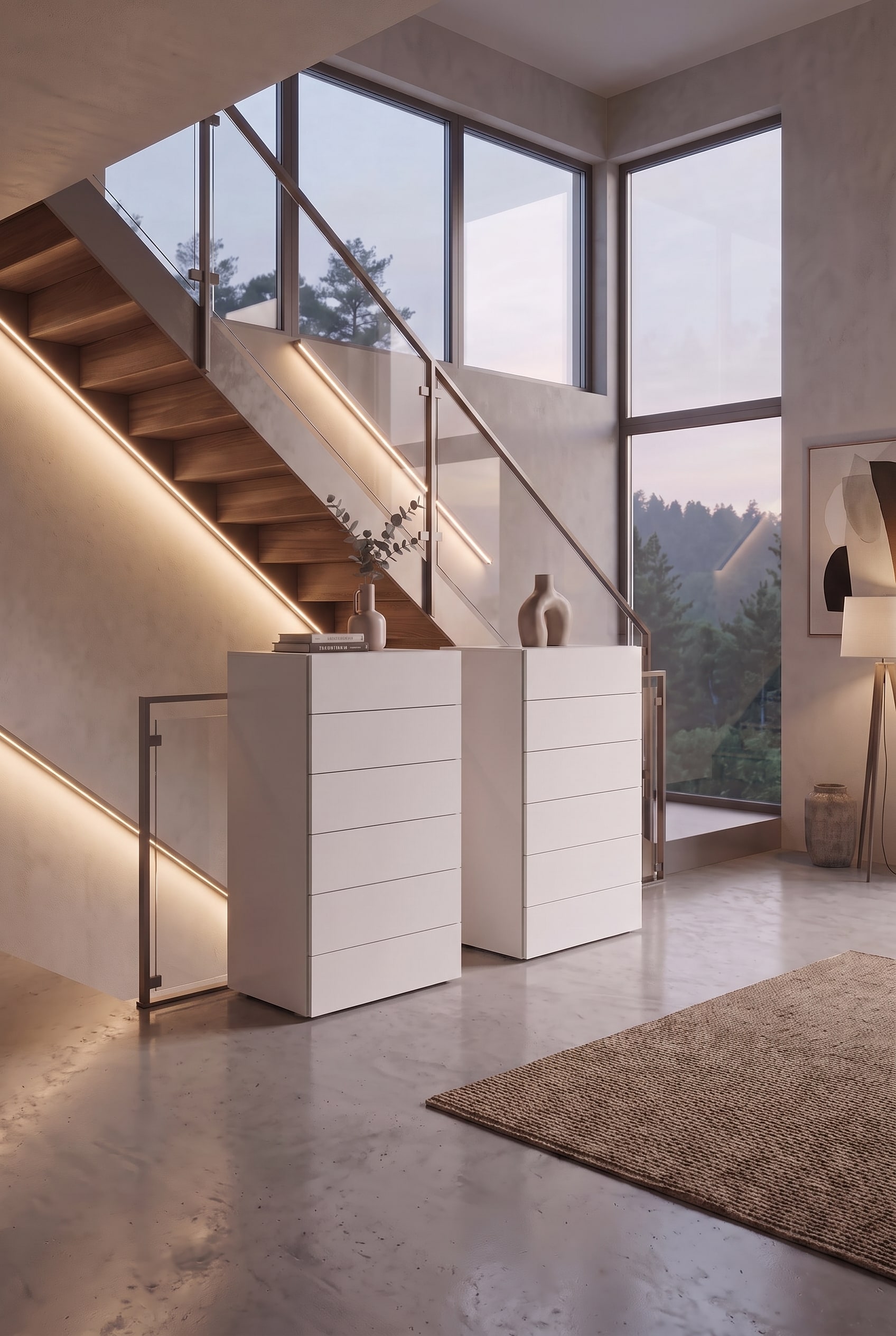 Twee witte hoge ladekasten onder een moderne houten trap met glazen balustrade en indirecte verlichting.