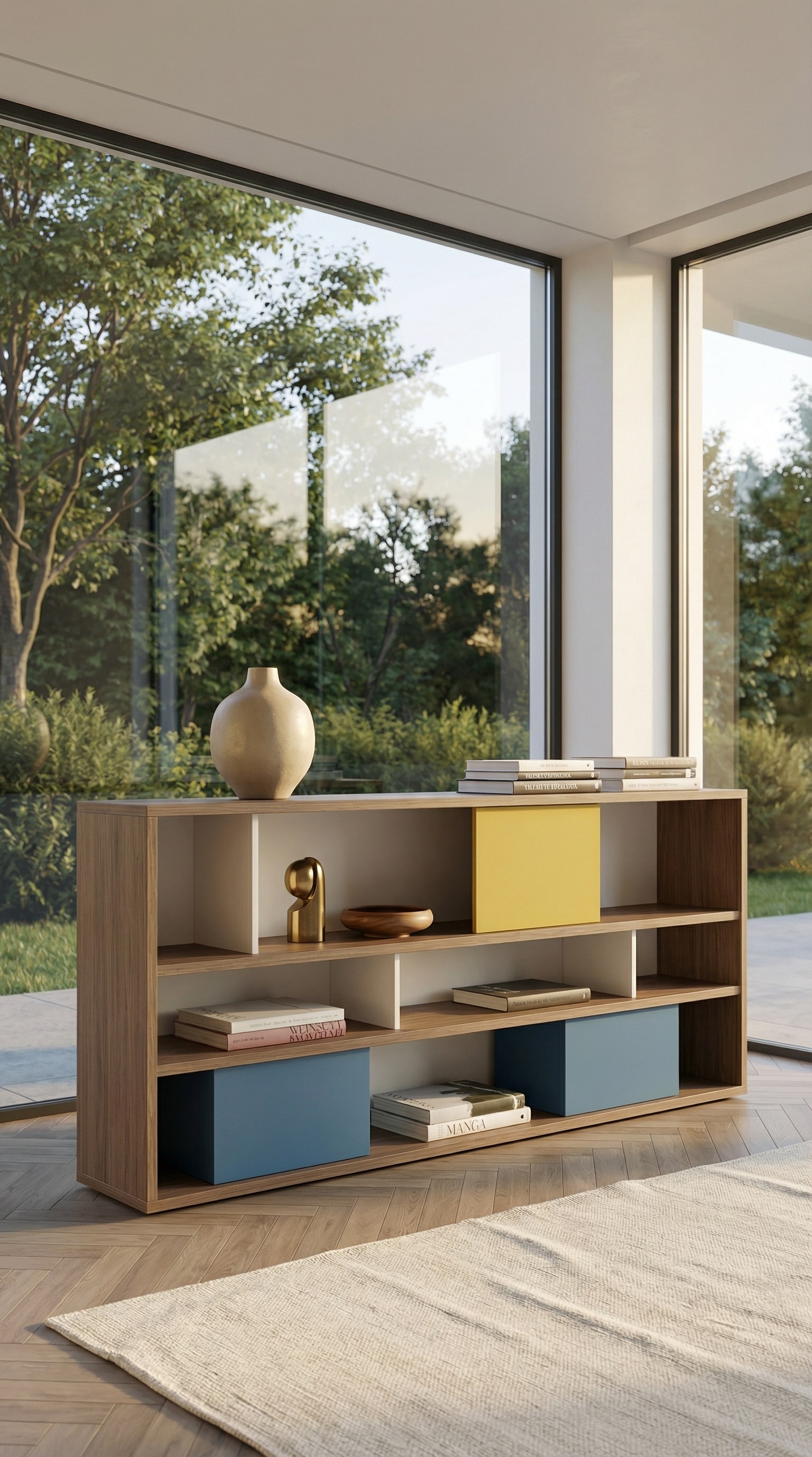 Étagère sur pied ouverte décorée de manière minimaliste avec beaucoup d'espace libre Étagère sur pied ouverte décorée de manière minimaliste avec beaucoup d'espace libre