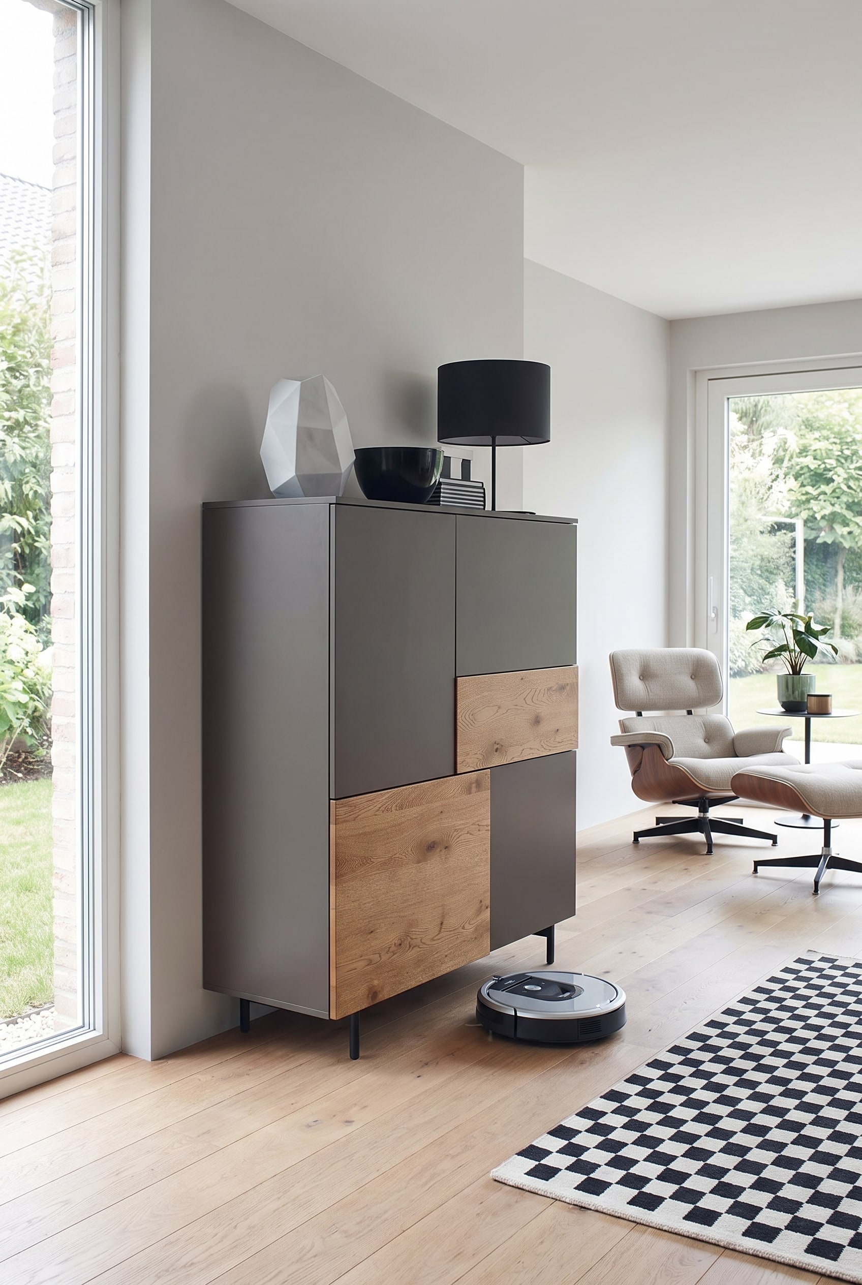 Una moderna credenza alta si trova in un soggiorno ordinato con pavimento completamente privo di cavi, dove un robot aspirapolvere aspira indisturbato.