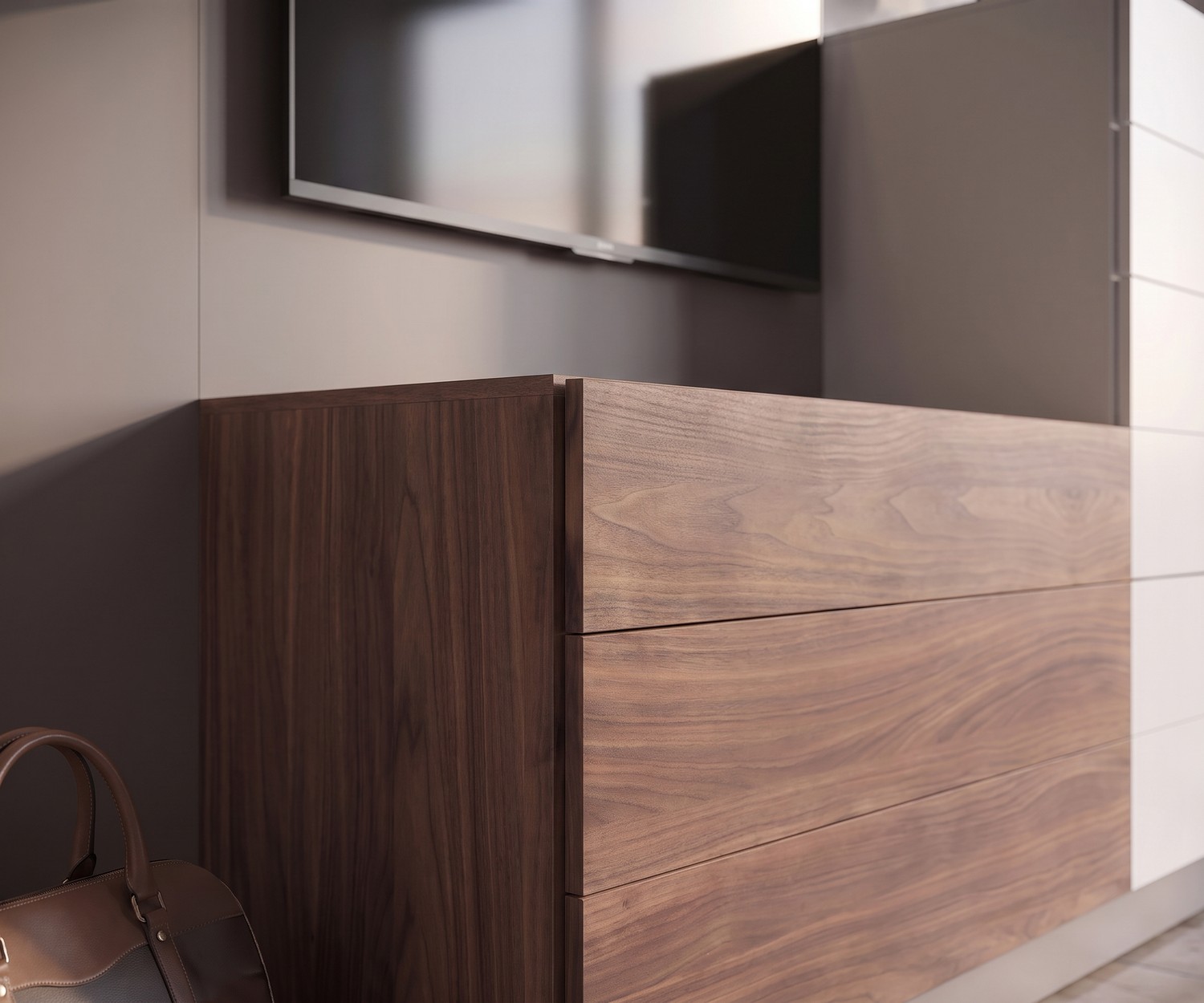 Novamobili Easy 9 Walnut Chest of Drawers Novamobili Easy 9 chest of drawers in walnut wood veneer for bedroom or hallway in a modern, minimalist Italian design.