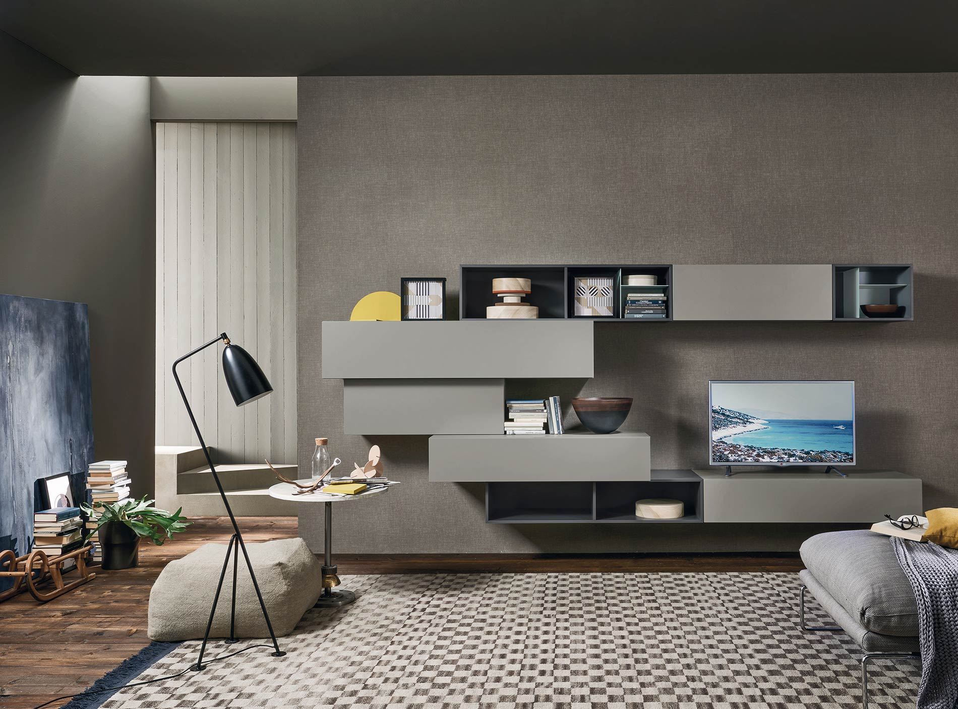 Floating wall unit with wall cupboards