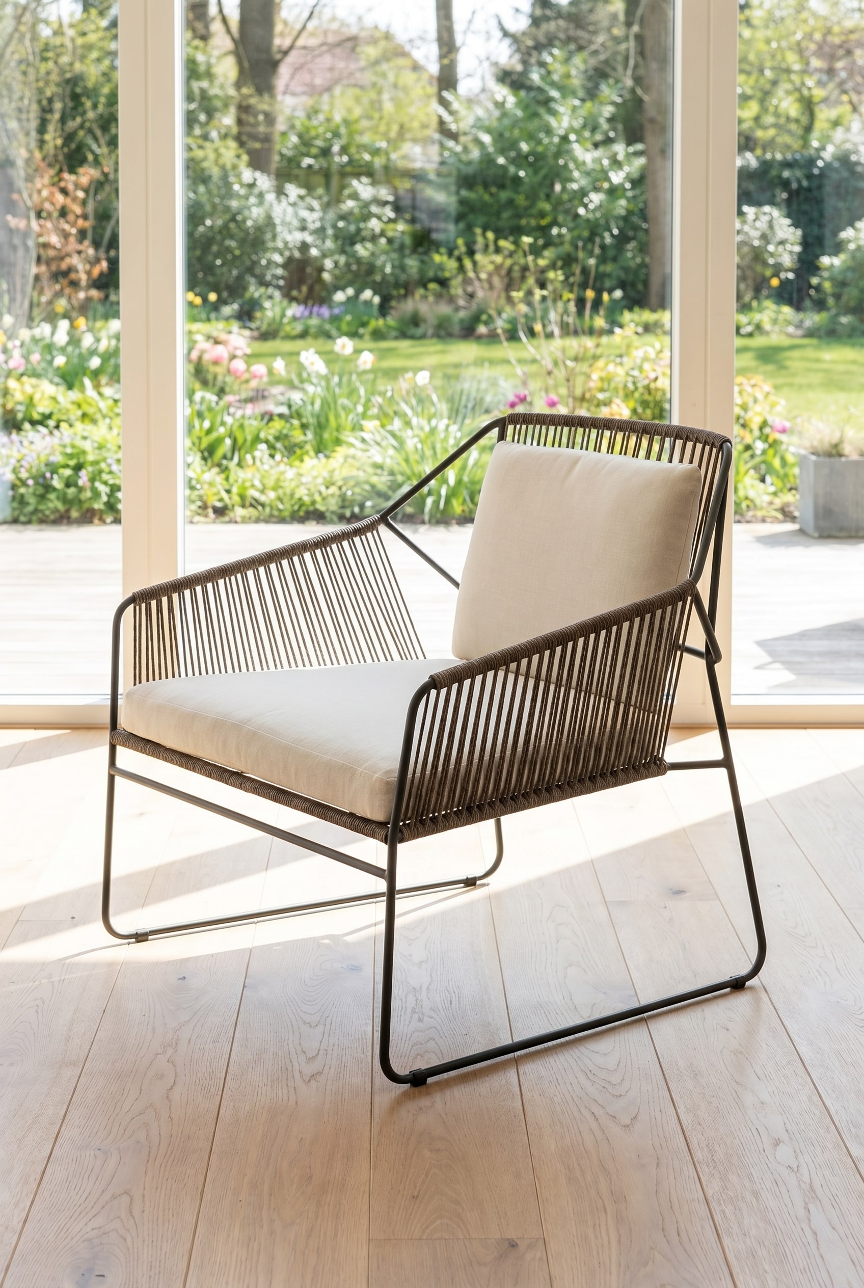 Handgewebter Designer-Sessel aus Edelstahl und Schnur aus schräger Perspektive Handgewebter Designer-Sessel aus Edelstahl und Schnur aus schräger Perspektive