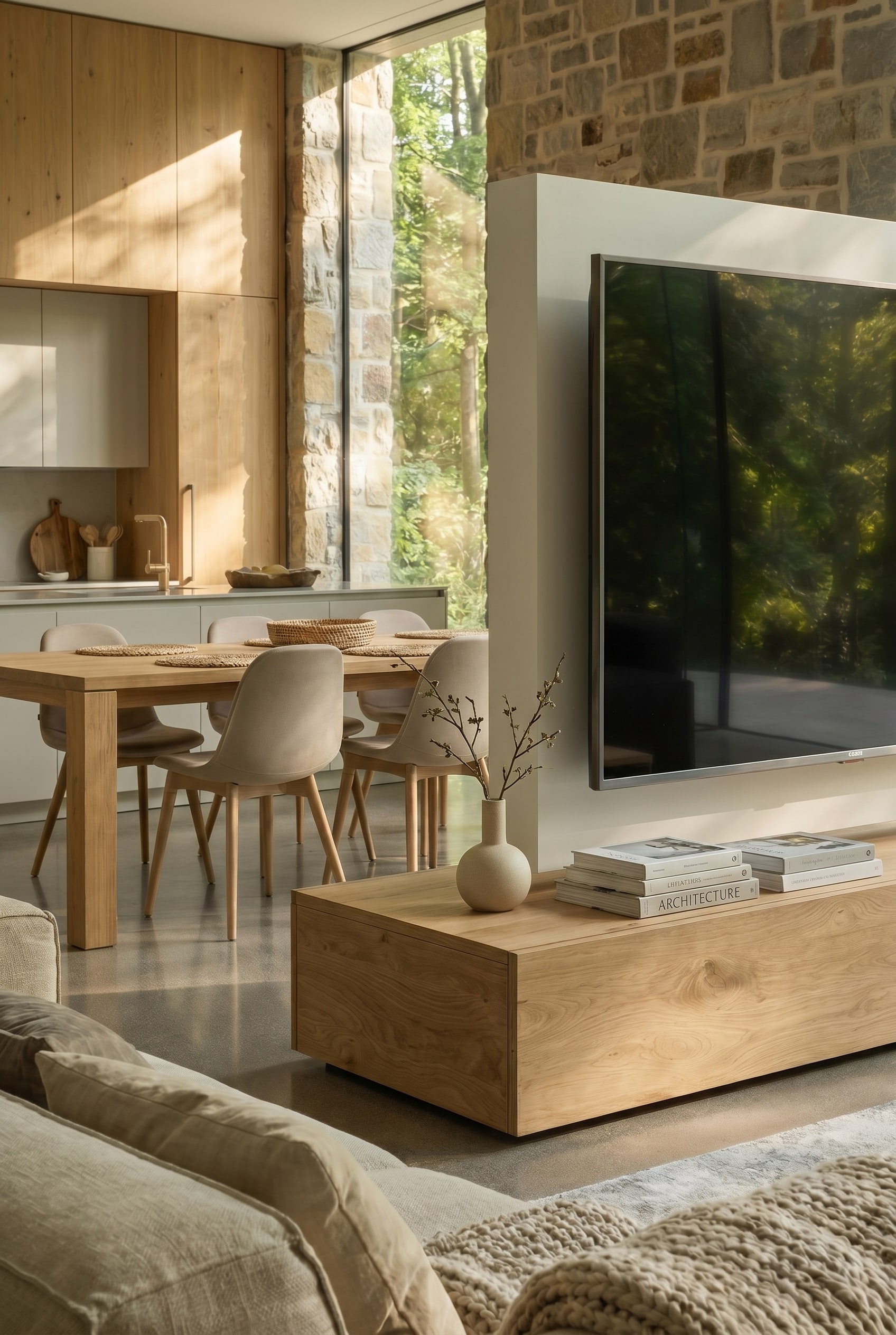 Harmonious material combination between kitchen island and central dividing furniture in an open-plan kitchen Harmonious material combination between kitchen island and central dividing furniture in an open-plan kitchen