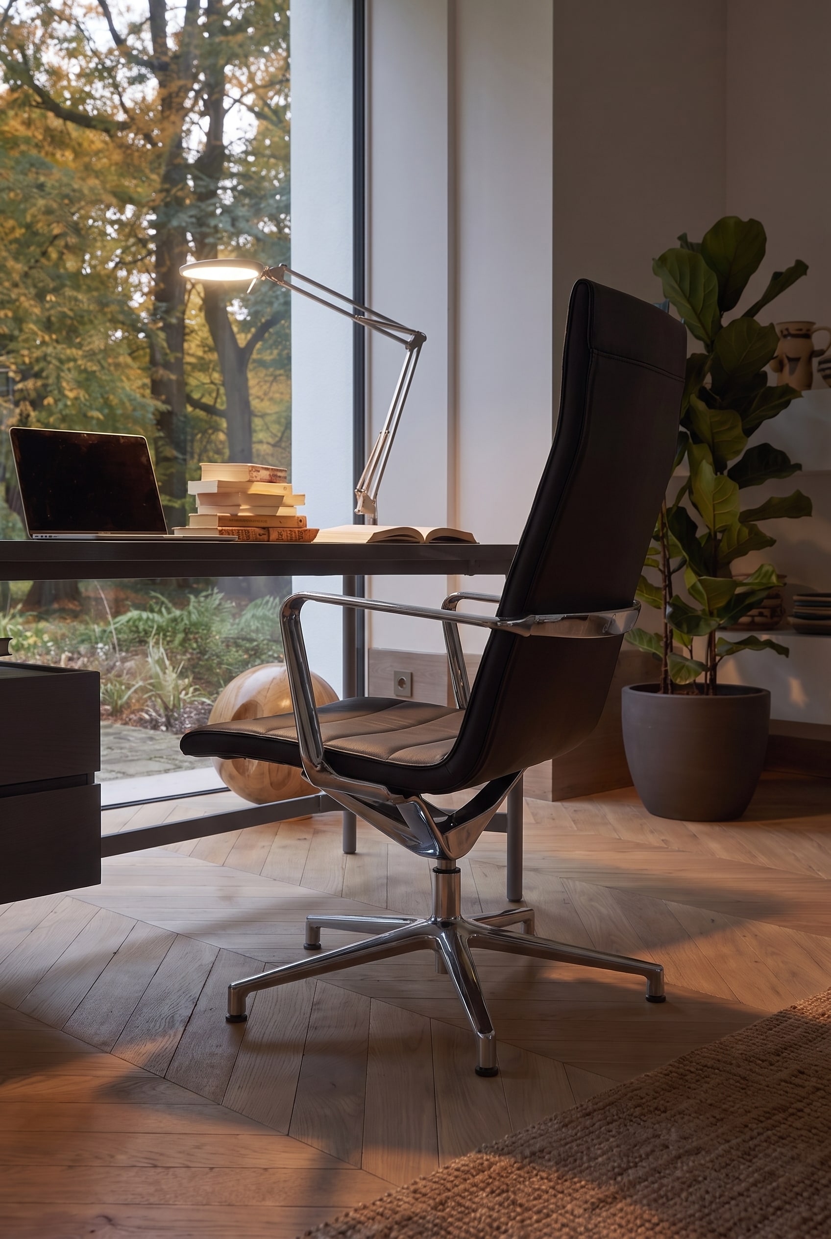 Eleganter ICF Valea Lounge Bürostuhl mit schlanker Ledersitzschale und Aluminiumstruktur an einem modernen Schreibtisch