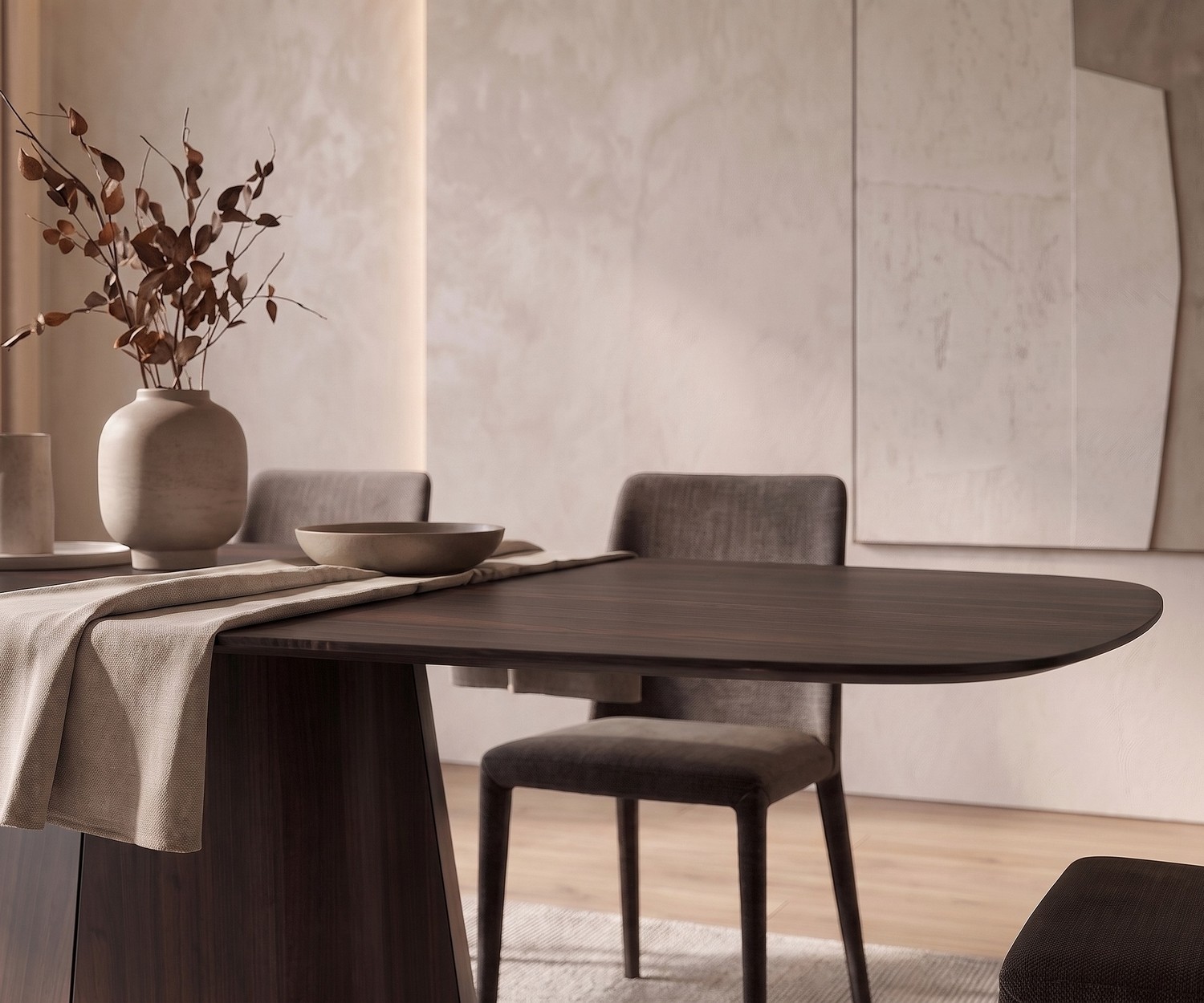 Oval Design Dining Table al2 tessera 001 Dining table al2 tessera 001 for the dining room in dark wood, oval design table in a warm minimalist style.