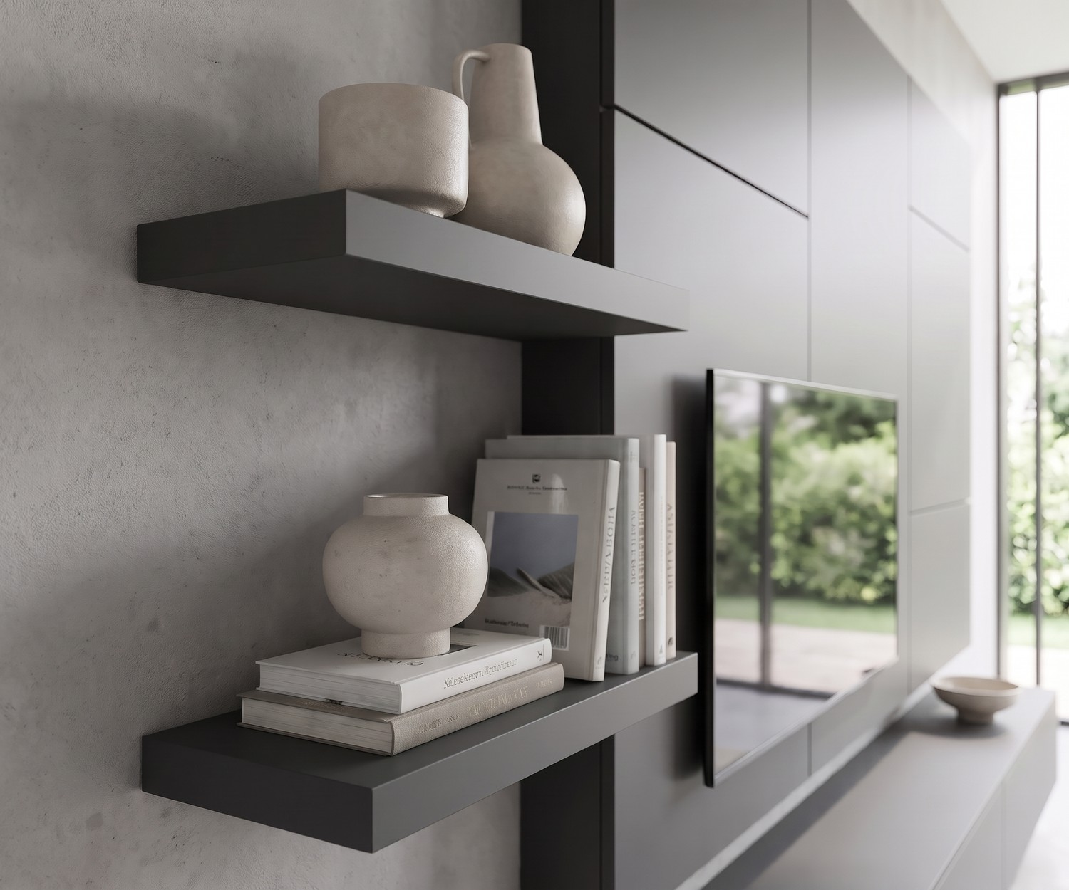 Livitalia C102 TV wall unit featuring floating shelves in anthracite dark grey for modern living room decor and books.