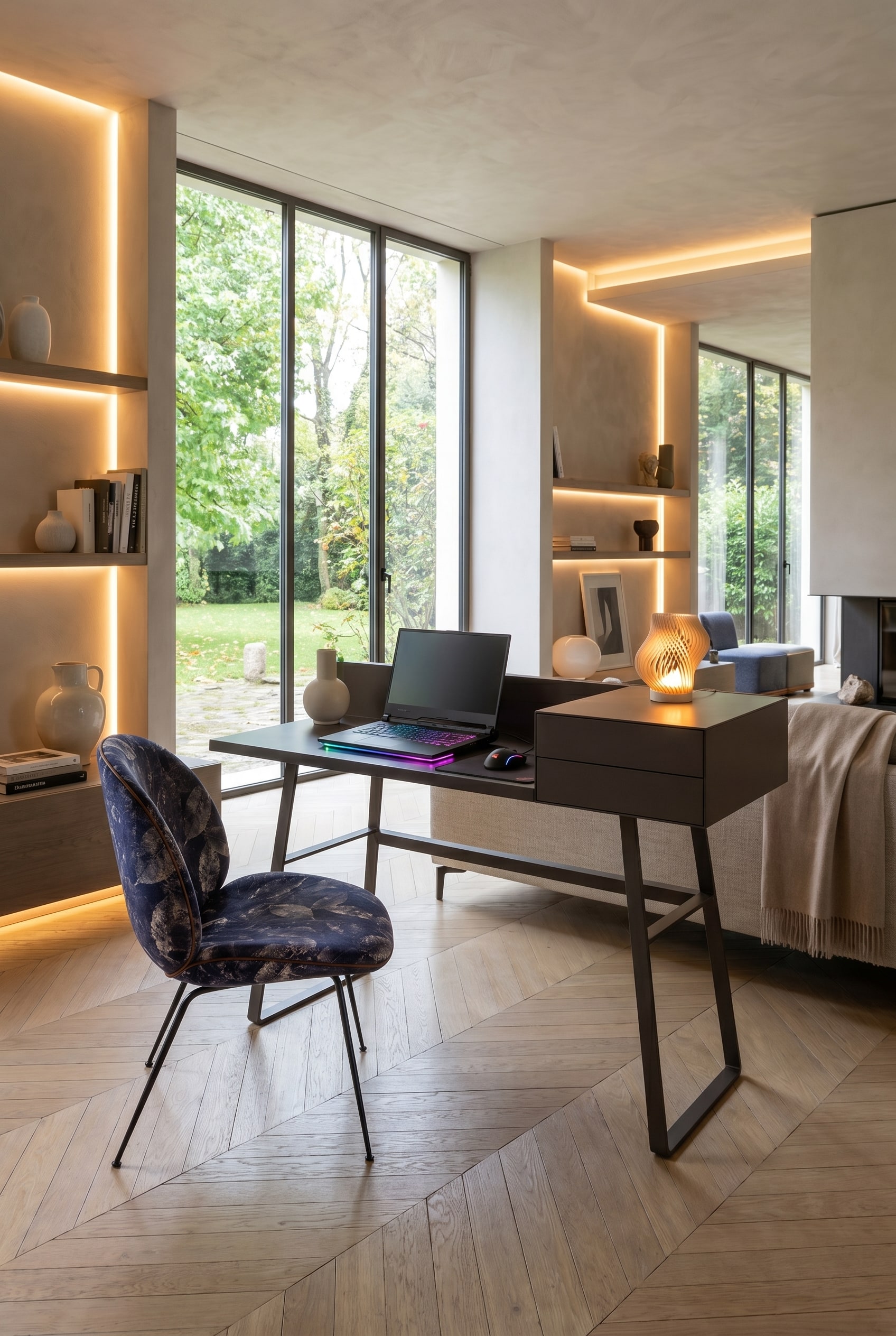 Soggiorno moderno con segretario di design chiuso in rovere scuro e lampada da terra color ottone