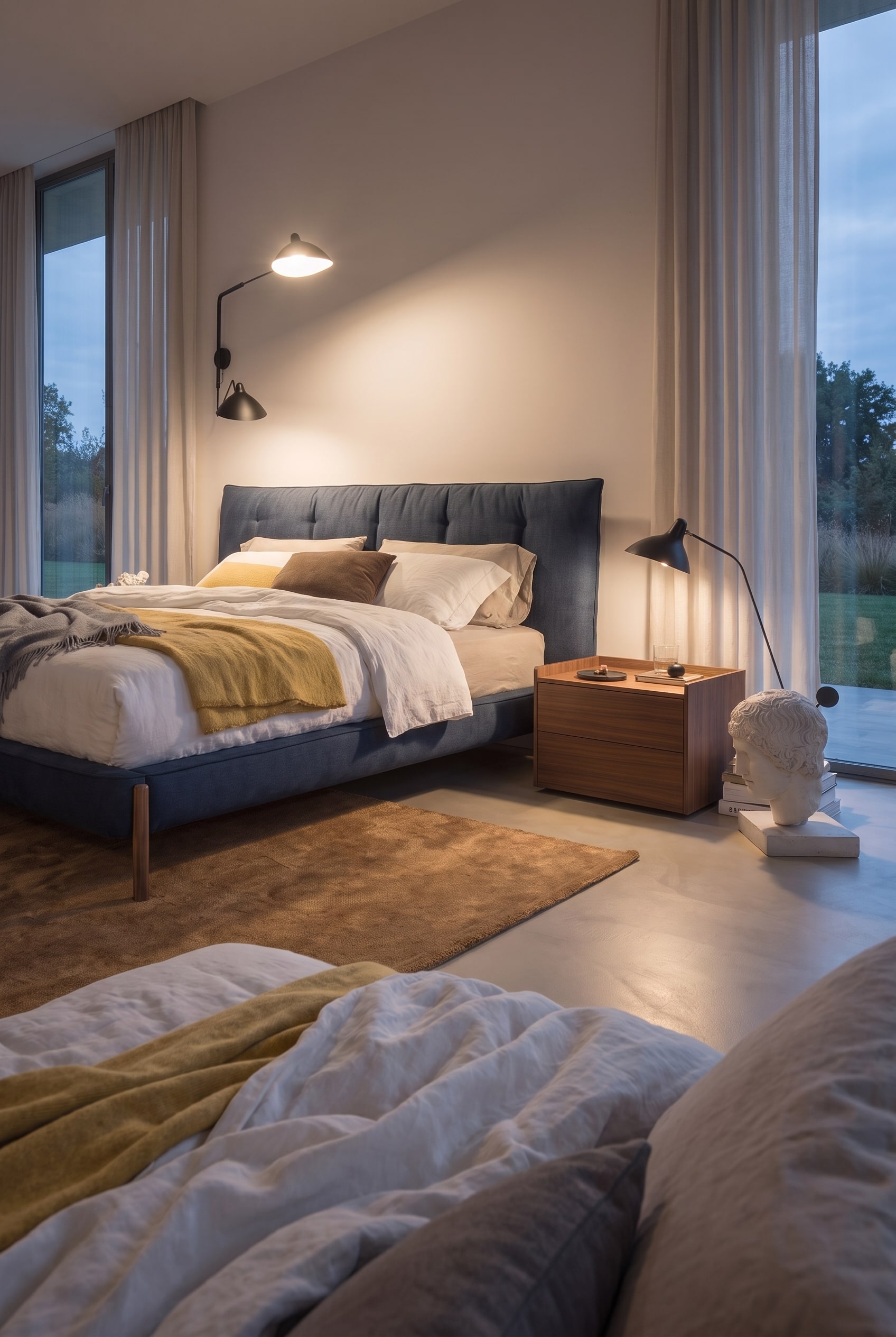 Nachtkastje met designlamp staat volledig op een warm tapijt naast een donkerblauw gestoffeerd bed.