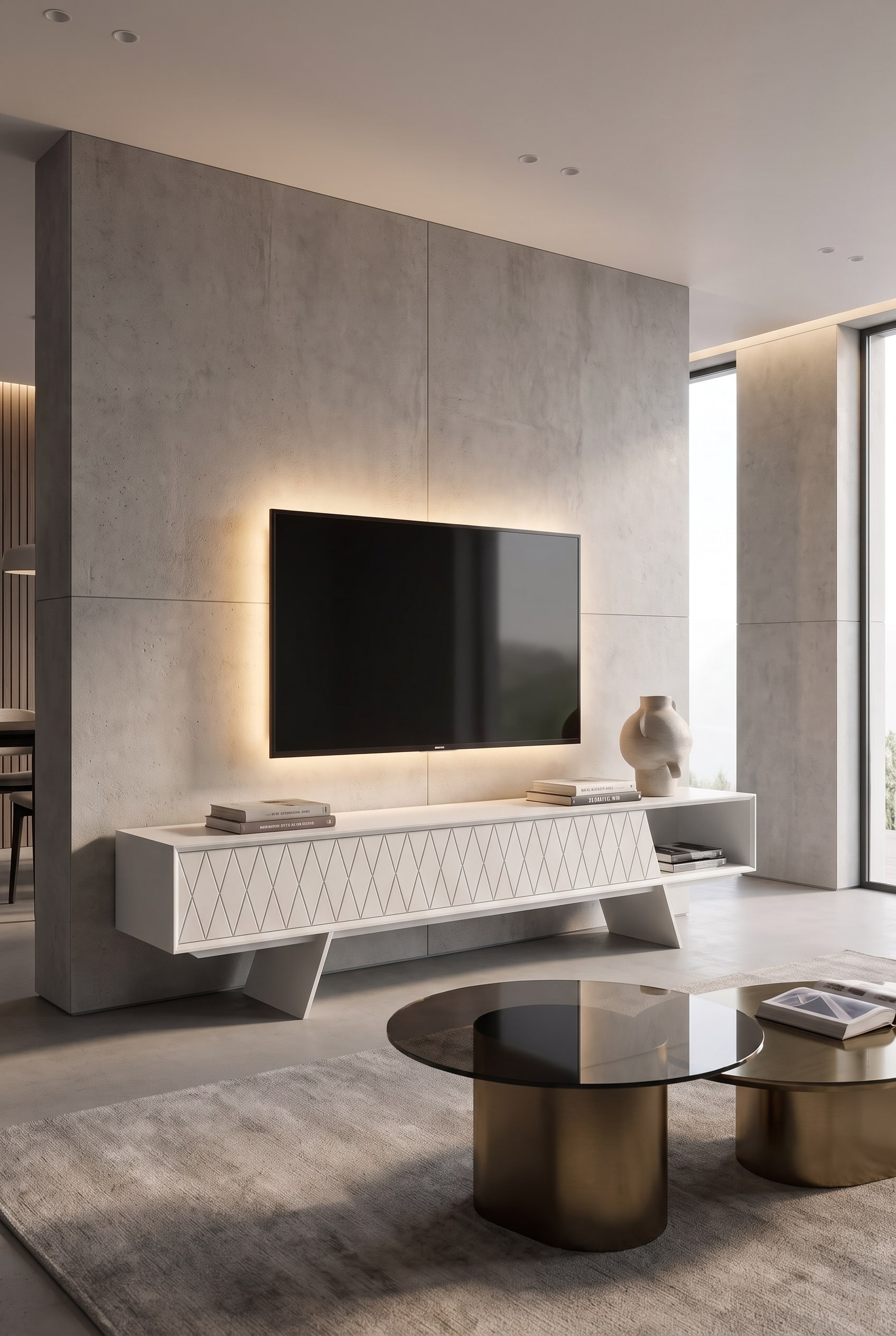 Modernes Wohnzimmer mit einem tiefmatten, salbeigrünen Lowboard vor einer hellen, neutralen Wand, darüber der Fernseher