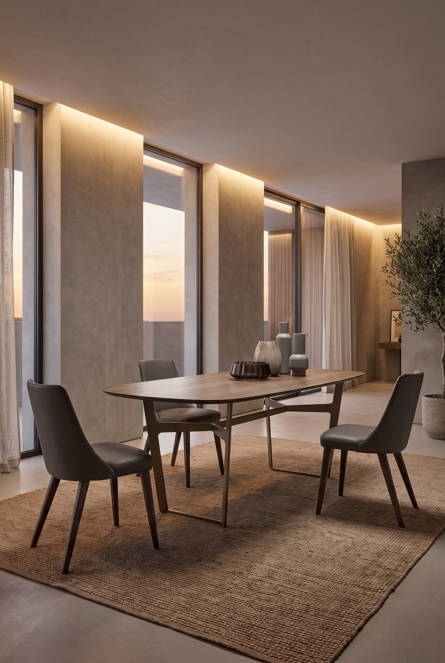 Minimalistische eetkamer met rechthoekige houten eettafel, drie grijze keramische vazen en beige gestoffeerde stoelen