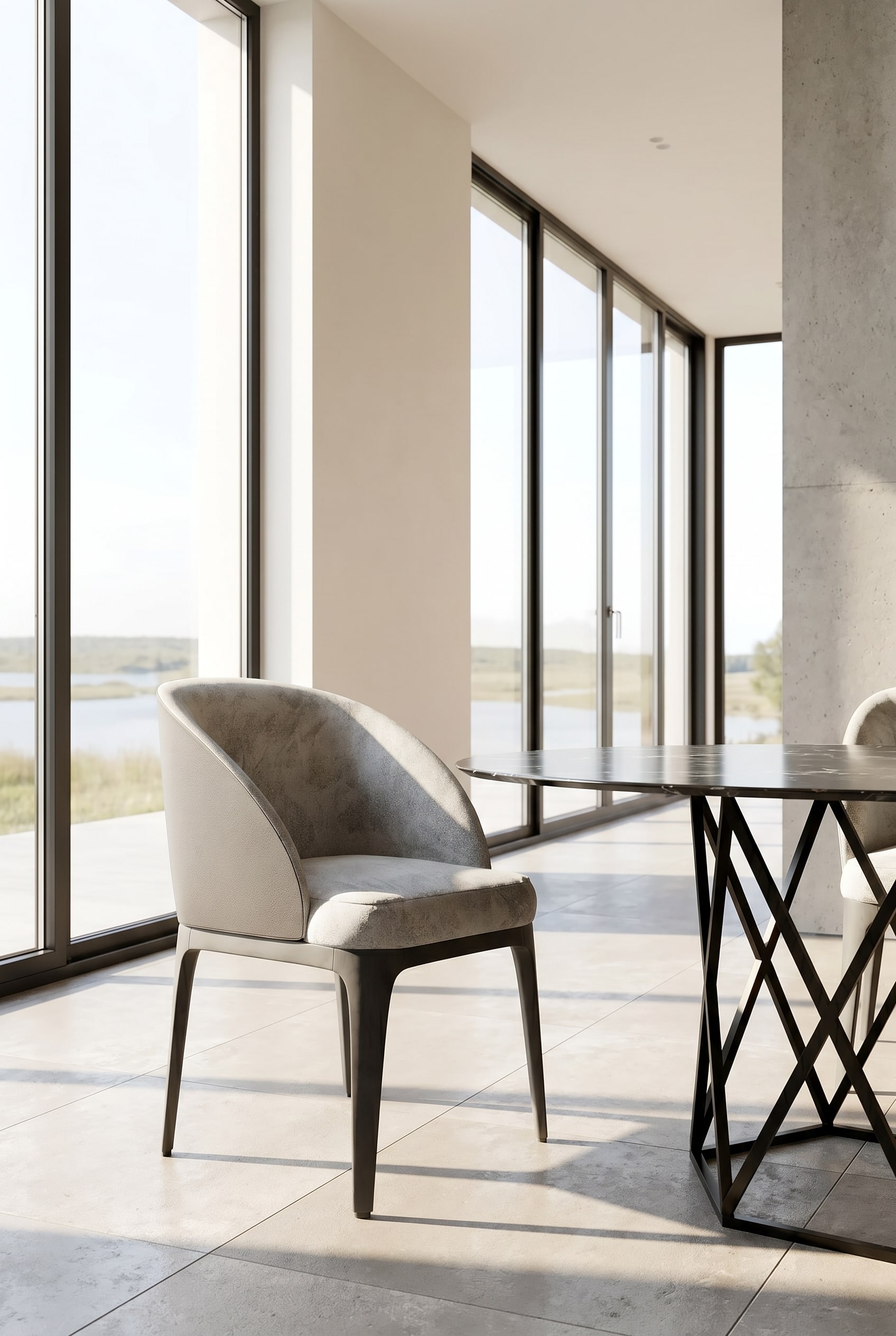 Luxurious dining room with Marelli Paris Armlehnenstuhl in light grey fabric at a black dining table