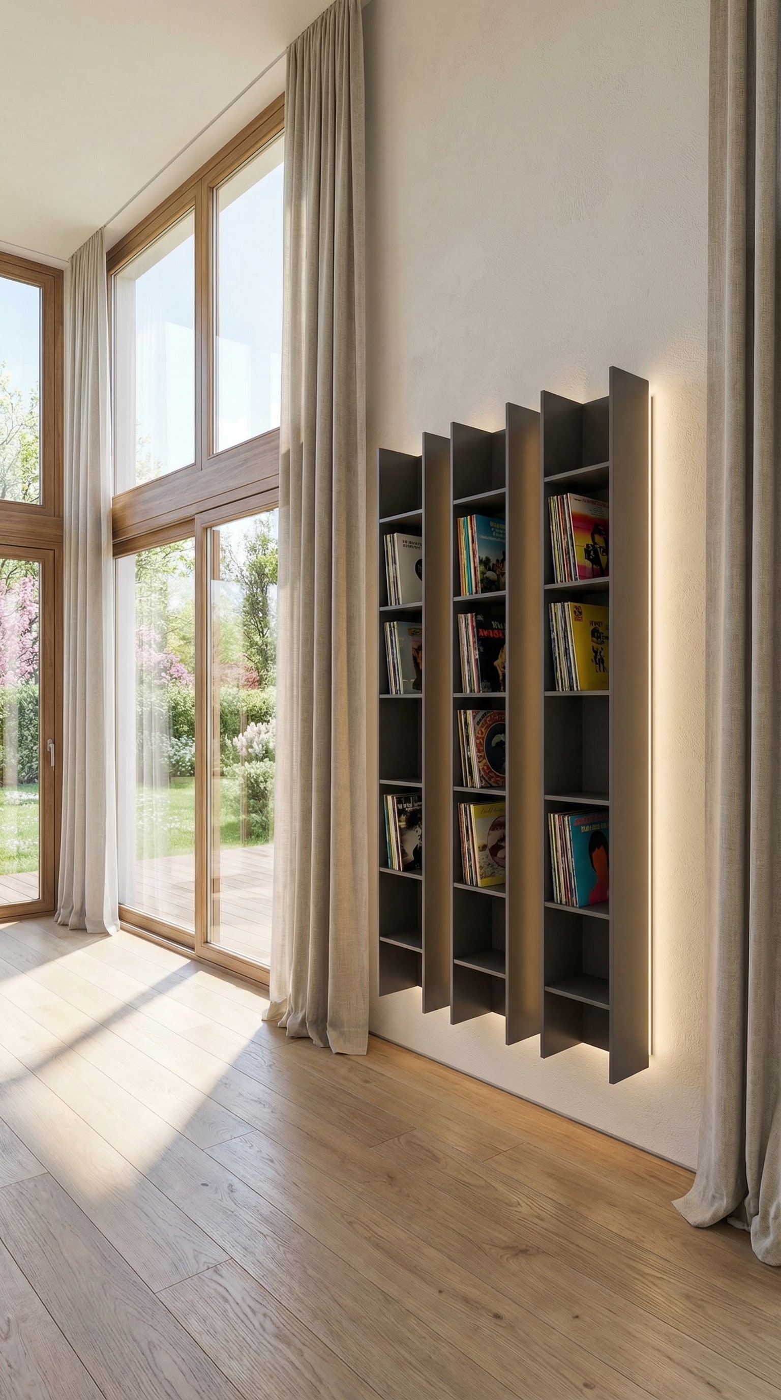 Floating wall shelf with records and subtle lighting