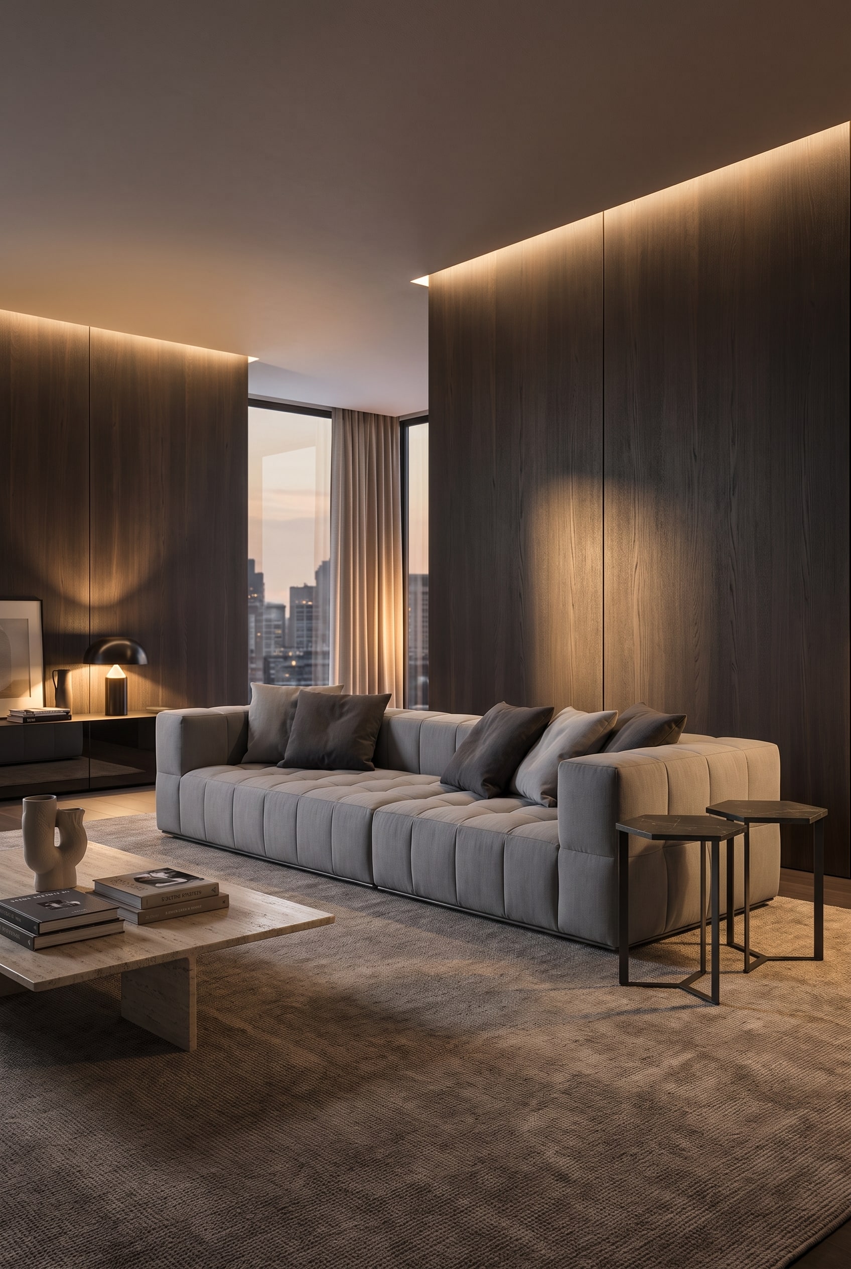 Diepgroene Marelli Lounge Sofa Andy in een elegante woonkamer met gerookt eiken en een travertin tafel