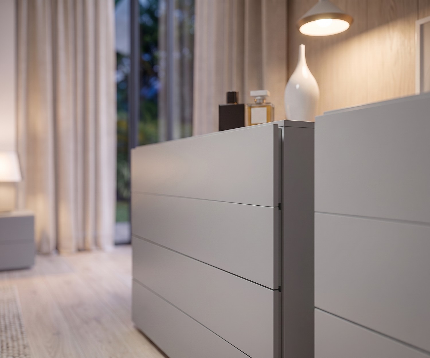 Novamobili Easy 4-drawer chest of drawers in a minimalist bedroom, handleless grey dresser for modern storage.