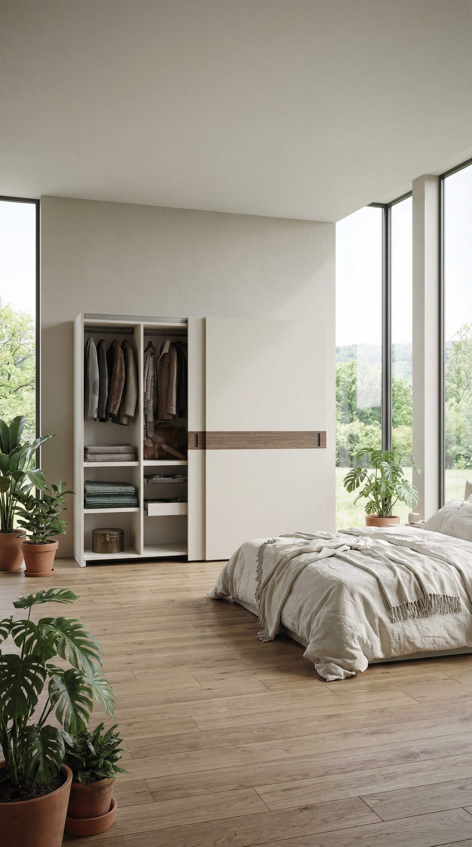 Bedroom with natural elements and the Novamobili Class Sliding Door Wardrobe, featuring a wide horizontal wood application.