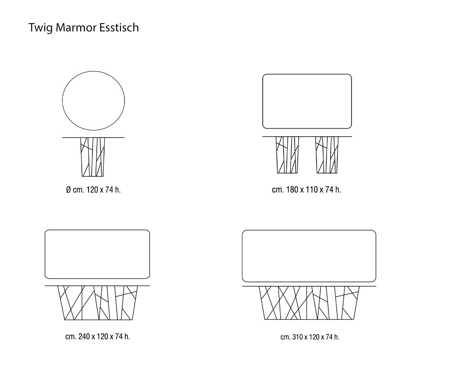 Designer marble table Twig from Marelli Sizes Sizes sketch Dimensions