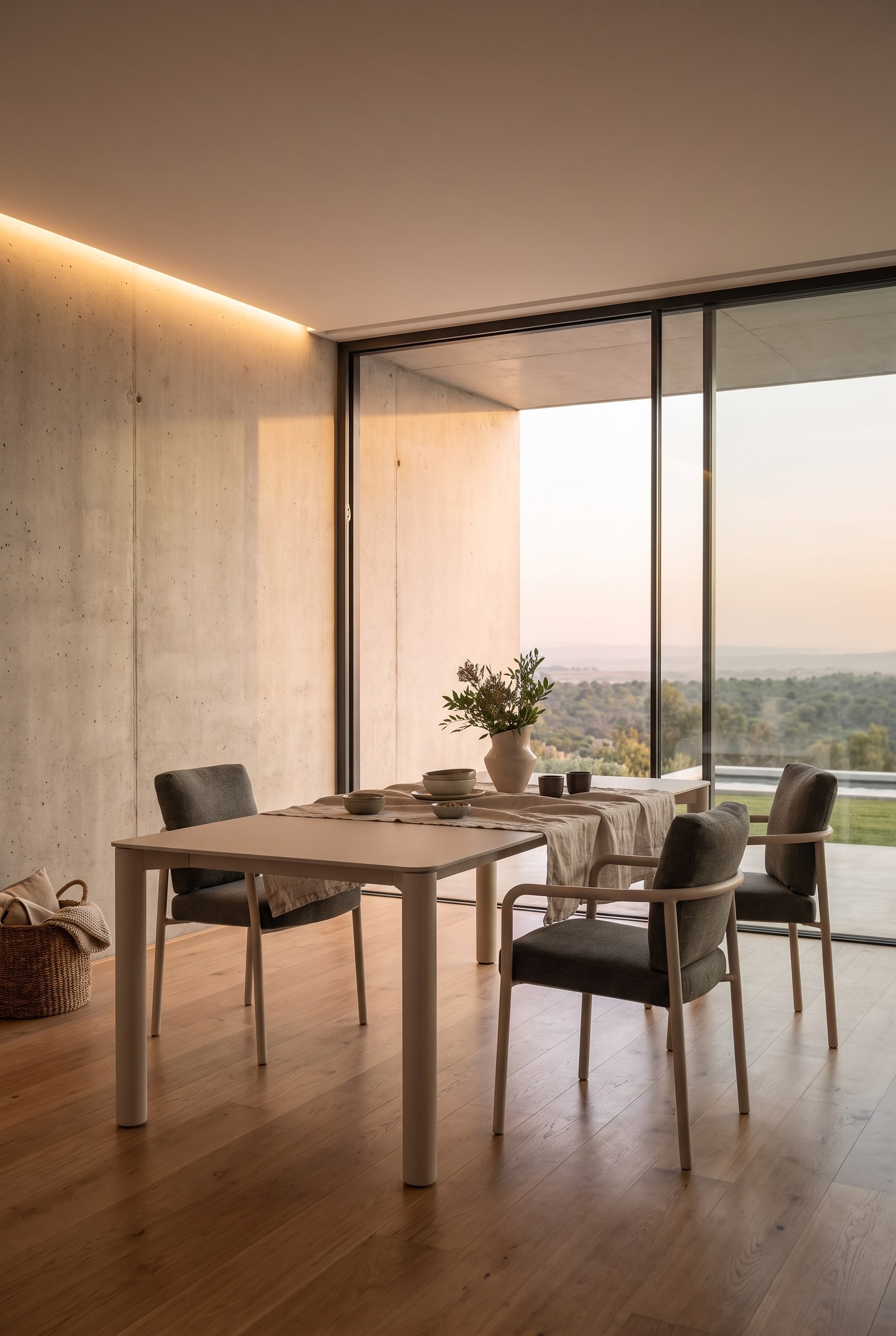 Moderne eethoek met monochrome stoelen in zacht greige en een bijpassende keramische vaas op tafel