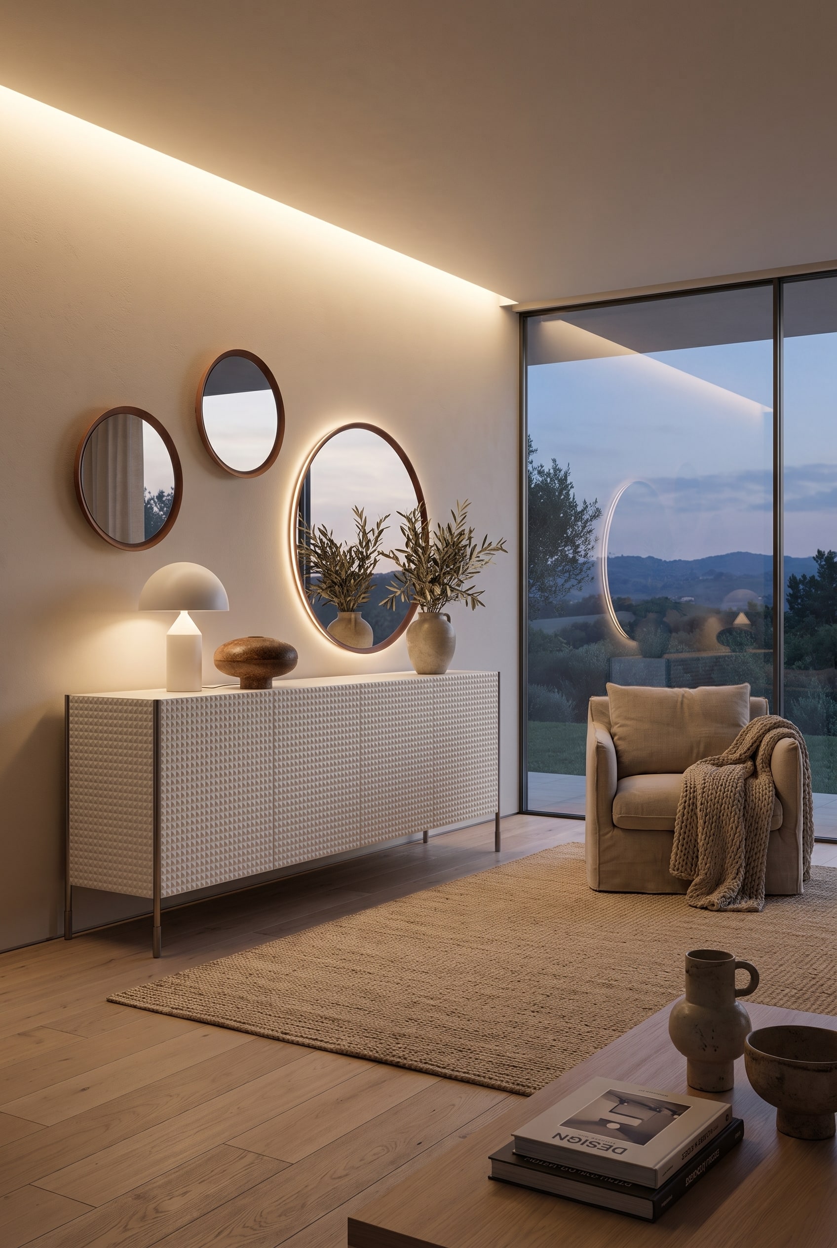 Bright living room with handleless Nolea sideboard in matte white, free wall space, and a calming, reduced atmosphere